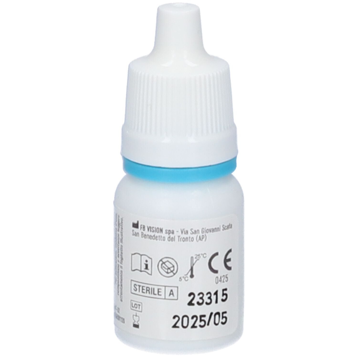 Flacone bianco di collirio con anello blu. Retro con informazioni, marchio CE e data di scadenza.