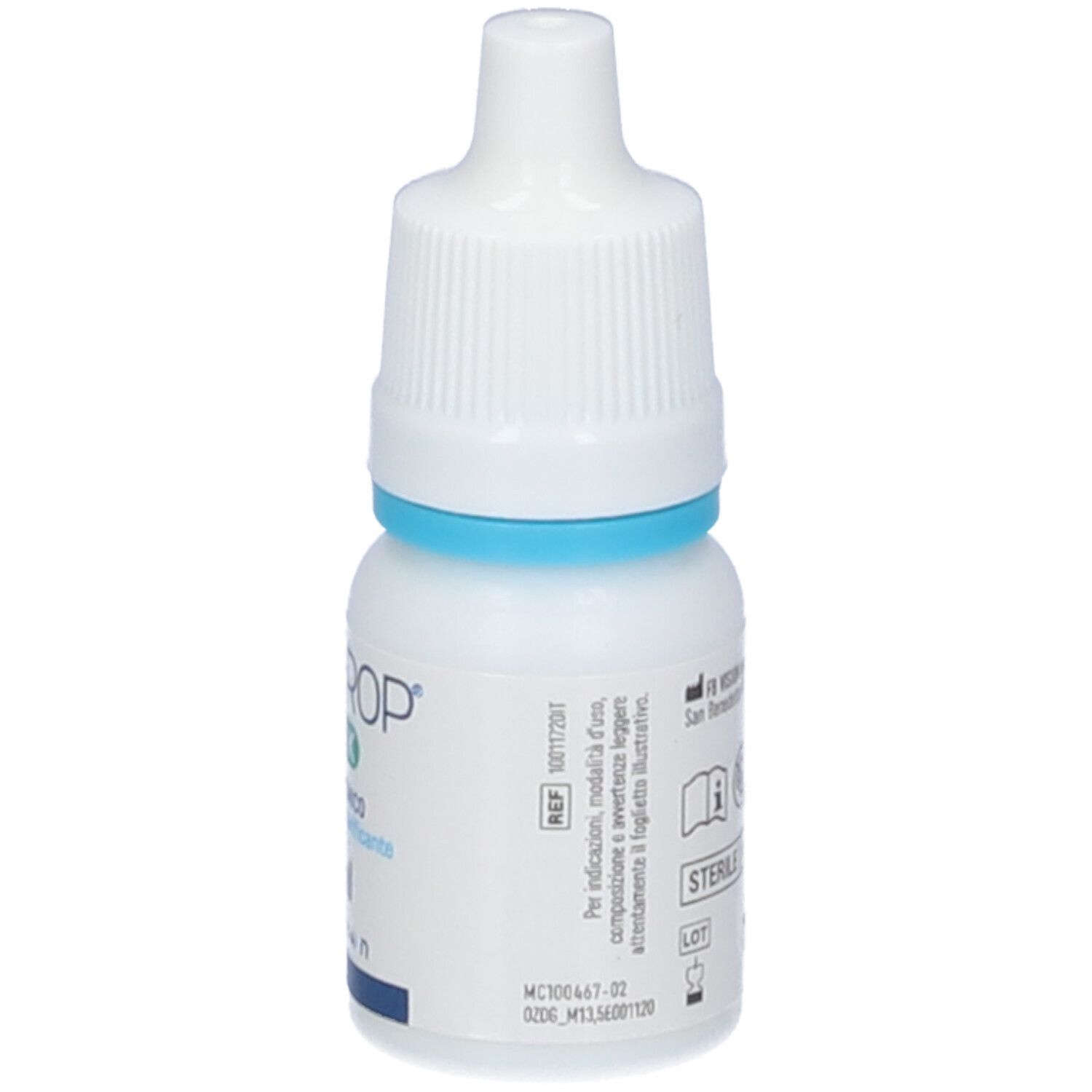 Flacone bianco di collirio con anello blu. Scritta: OZODROP GEL-K. Retro con informazioni e codice REF.