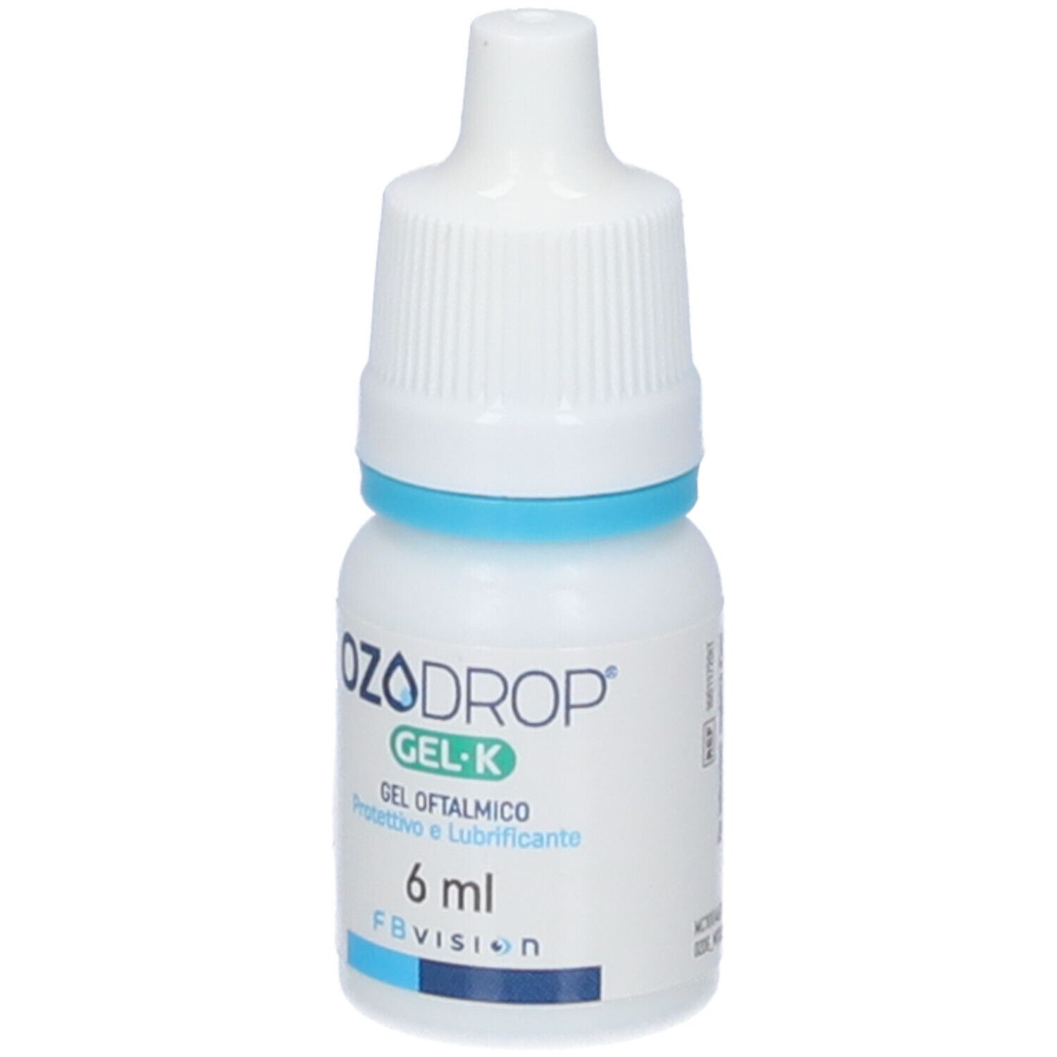 Flacone bianco di collirio con anello blu. Scritta: OZODROP GEL-K, Gel Oftalmico, 6 ml. Marchio FB Vision.