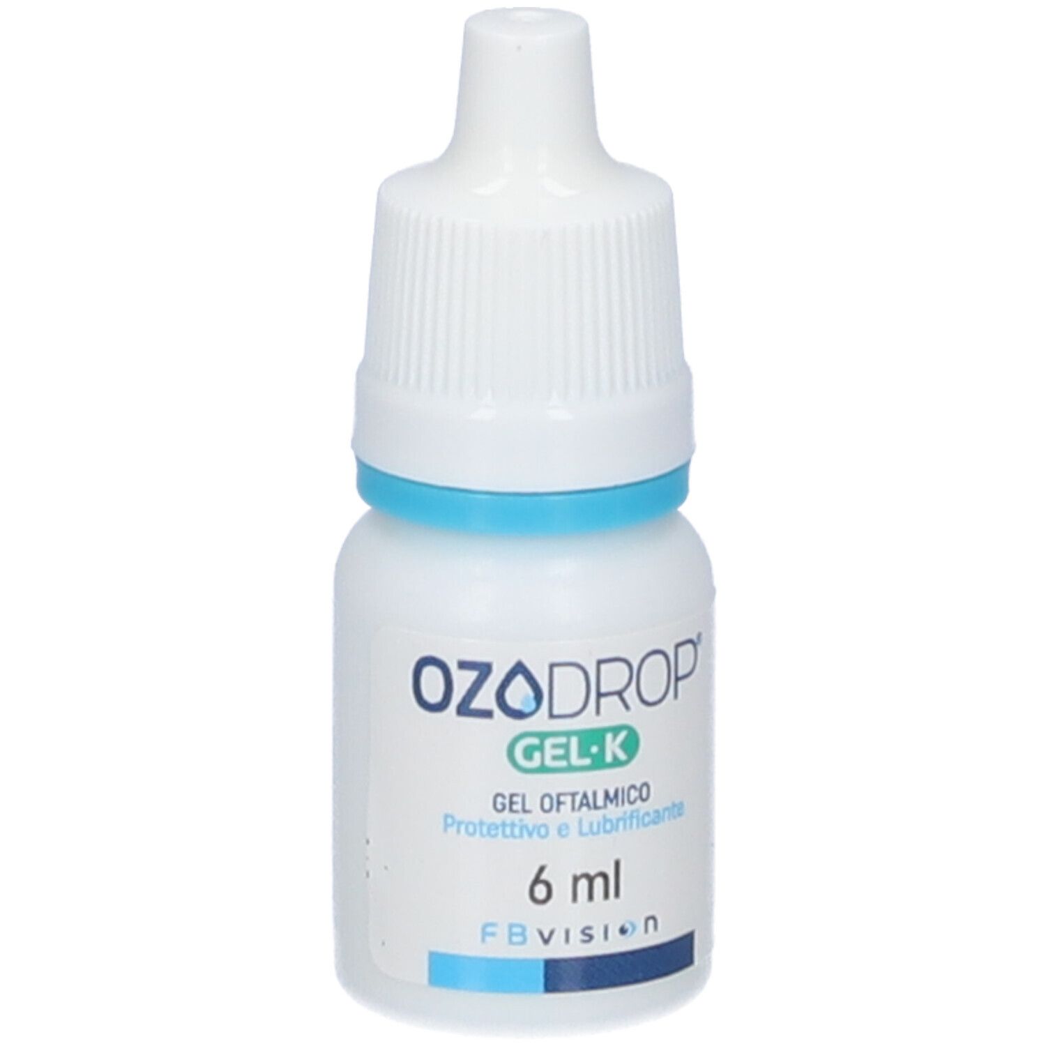 Flacone bianco di collirio con anello blu. Scritta: OZODROP GEL-K, Gel Oftalmico, 6 ml. Marchio FB Vision.