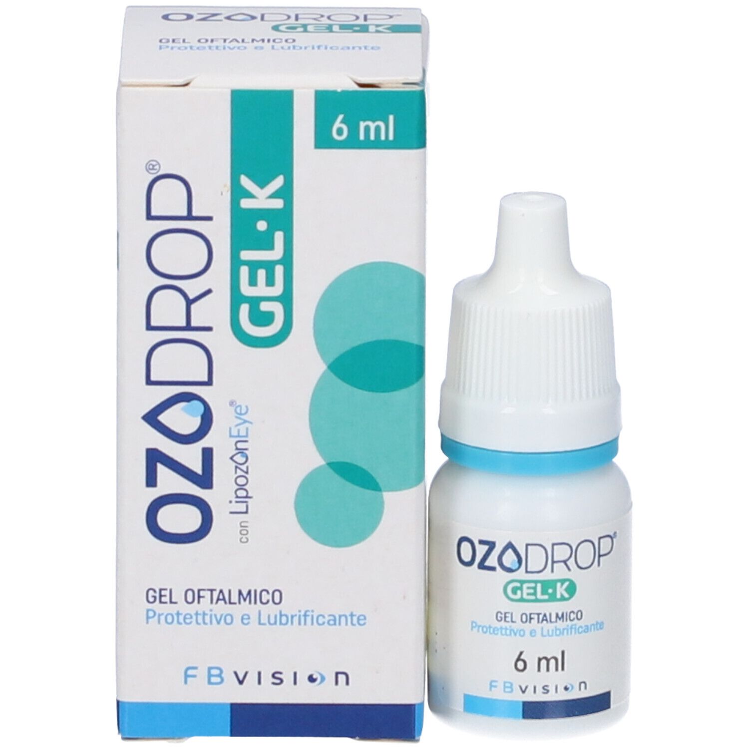 Confezione e flacone del prodotto. Scatola con scritta OZODROP GEL-K, 6 ml. Flacone: bianco, blu.