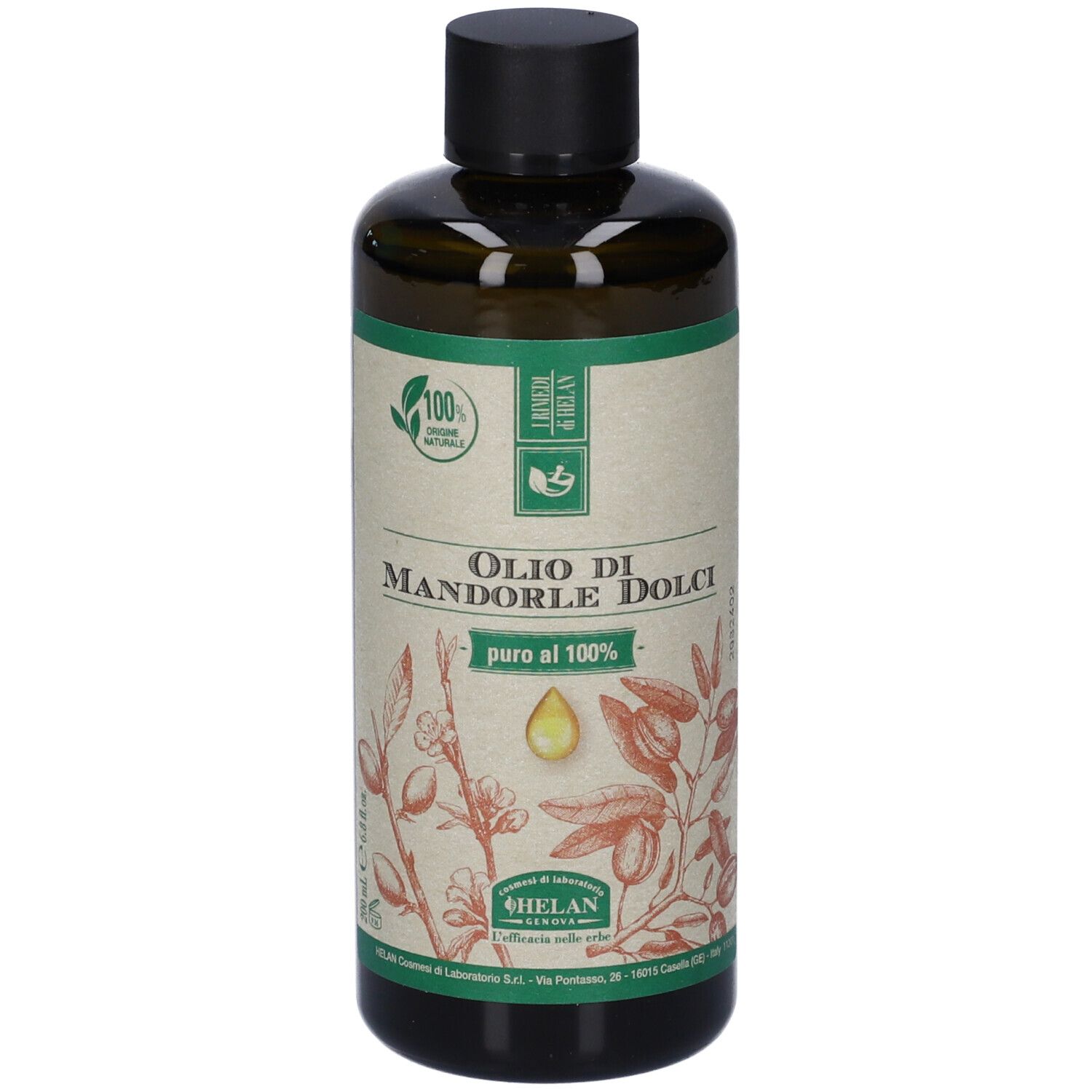 Flacone di vetro verde con tappo nero. Etichetta con nome del prodotto e illustrazioni. Olio naturale al 100%.