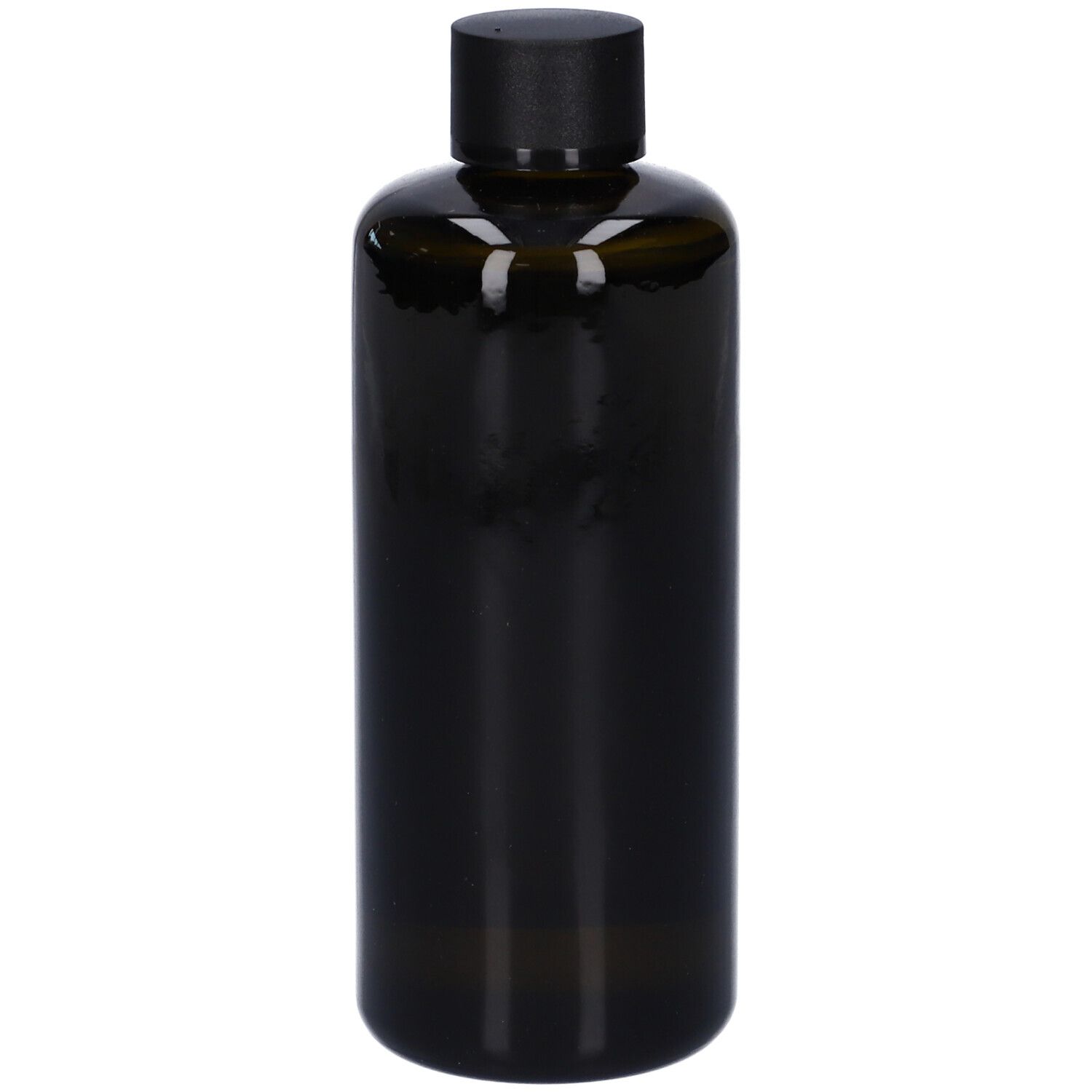 Flacone di vetro verde scuro con tappo nero. Design semplice. Nessuna etichetta o testo visibile.