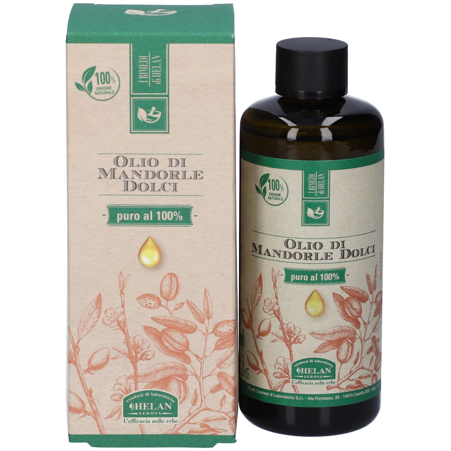 Flacone e confezione del prodotto. Bottiglia verde con tappo nero e scatola. Nome del prodotto e illustrazioni.
