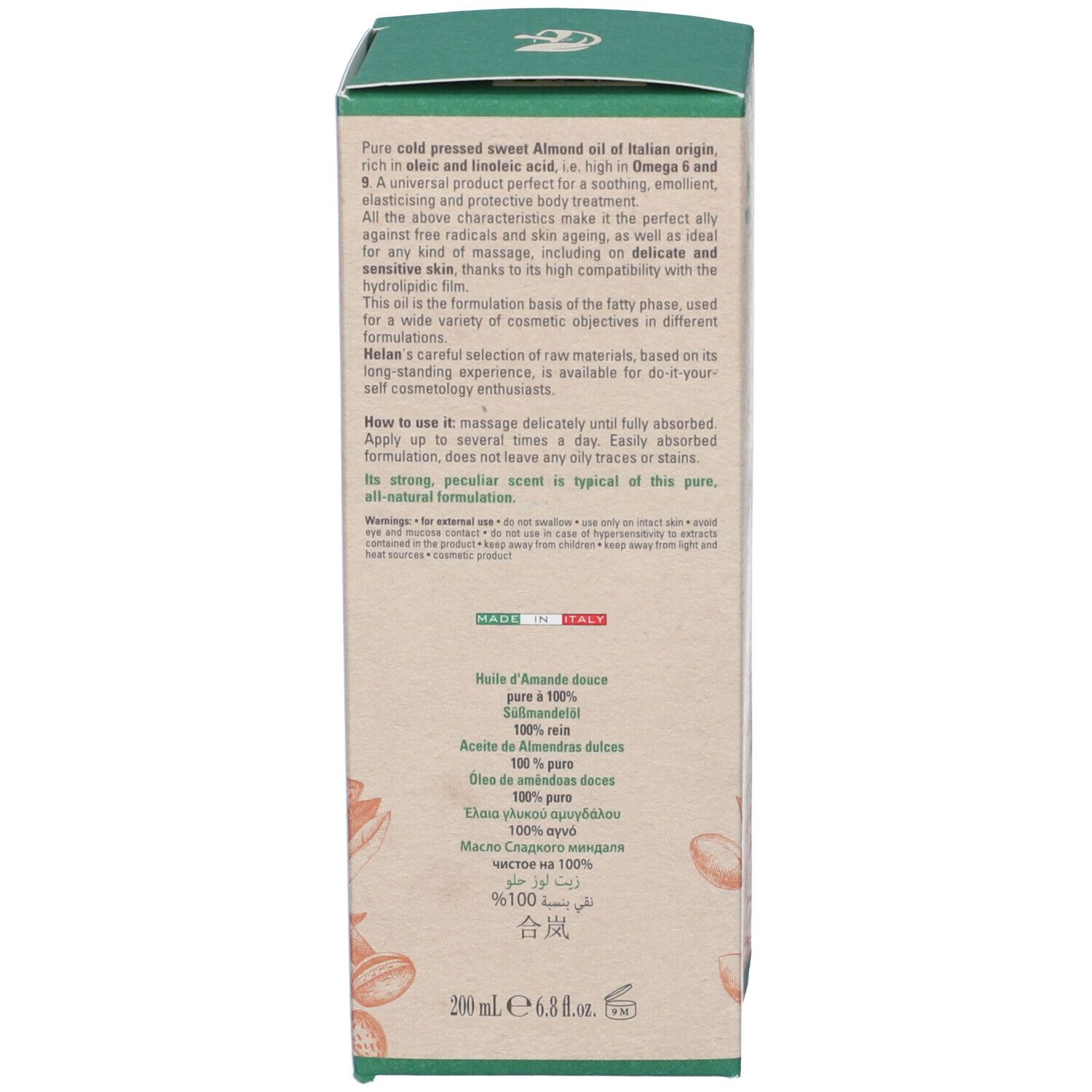Retro della confezione del prodotto. Testo sul prodotto e il suo utilizzo. Ingredienti e certificazioni.