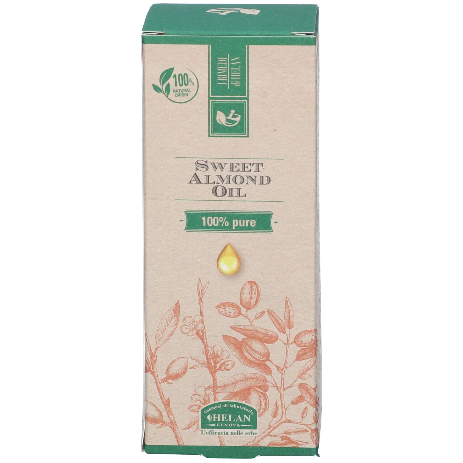 Confezione del prodotto. Scatola con nome del prodotto e illustrazioni. Olio puro al 100%. Marchio Helan.