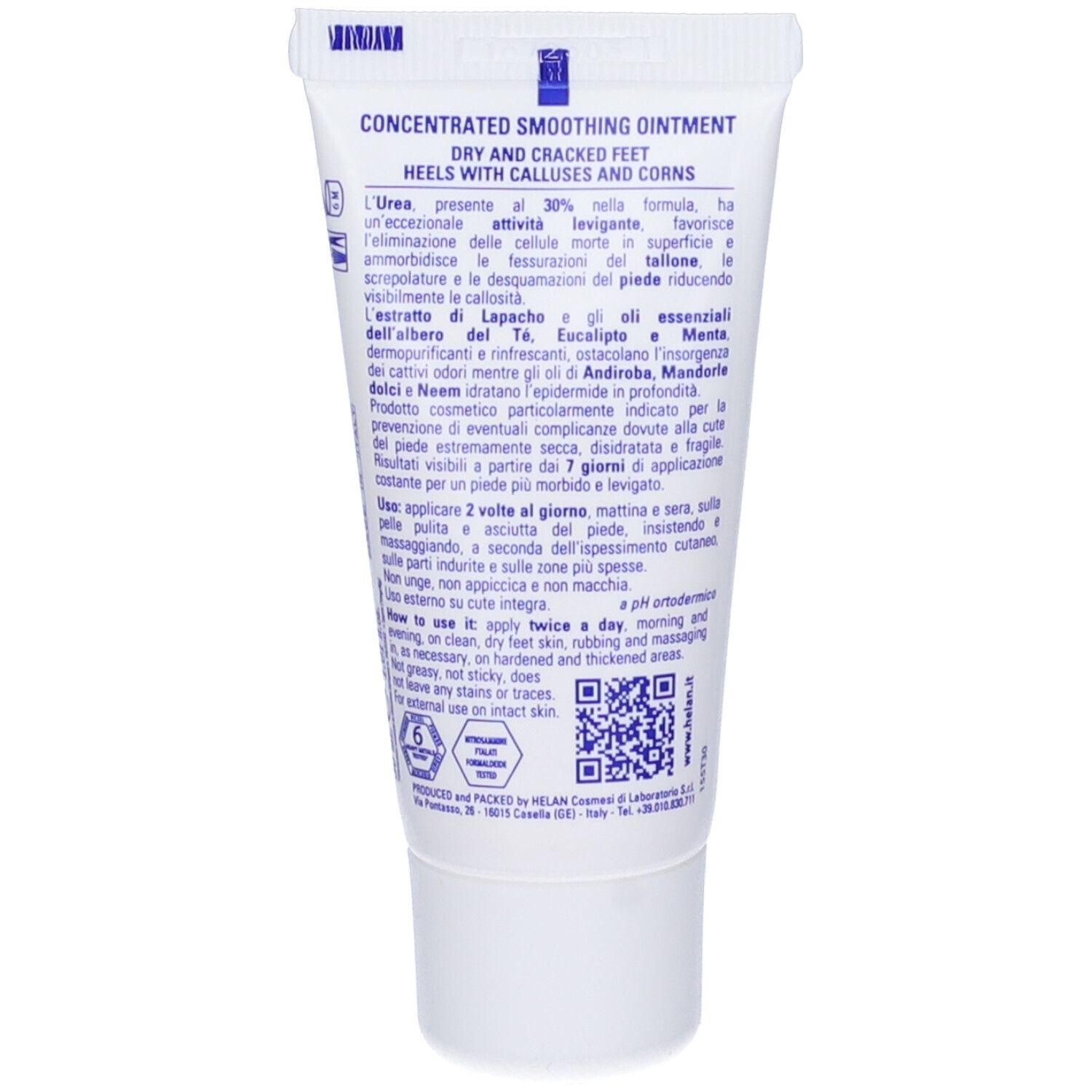 Retro del tubo bianco. Testo: Concentrated Smoothing Ointment. Ingredienti. Istruzioni per l'uso. Codice QR. pH.