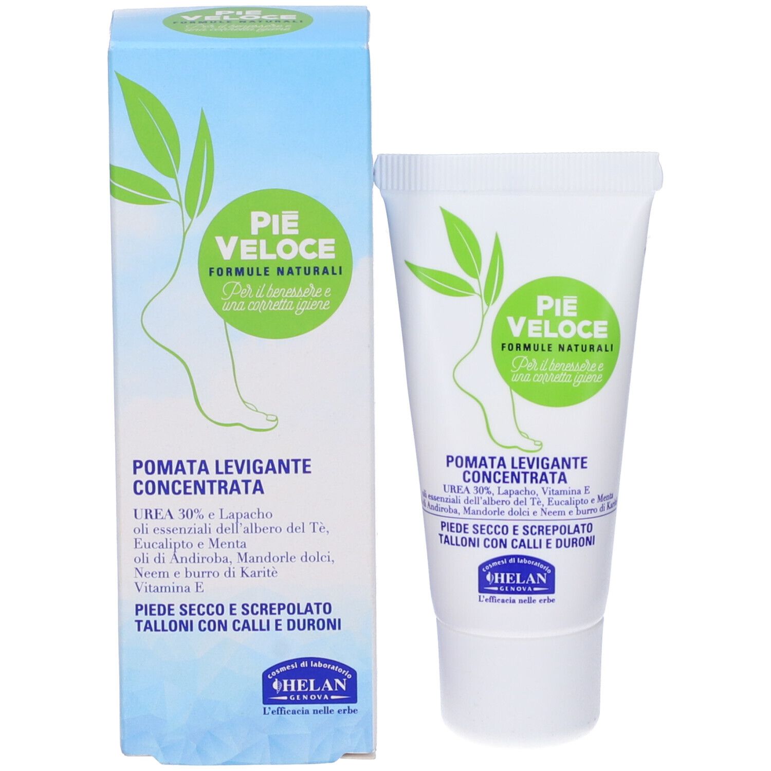 Confezione del prodotto con tubo. Testo: PIE VELOCE, Pomata Levigante Concentrata. Illustrazione del piede. Marchio: Helan. Ingredienti.