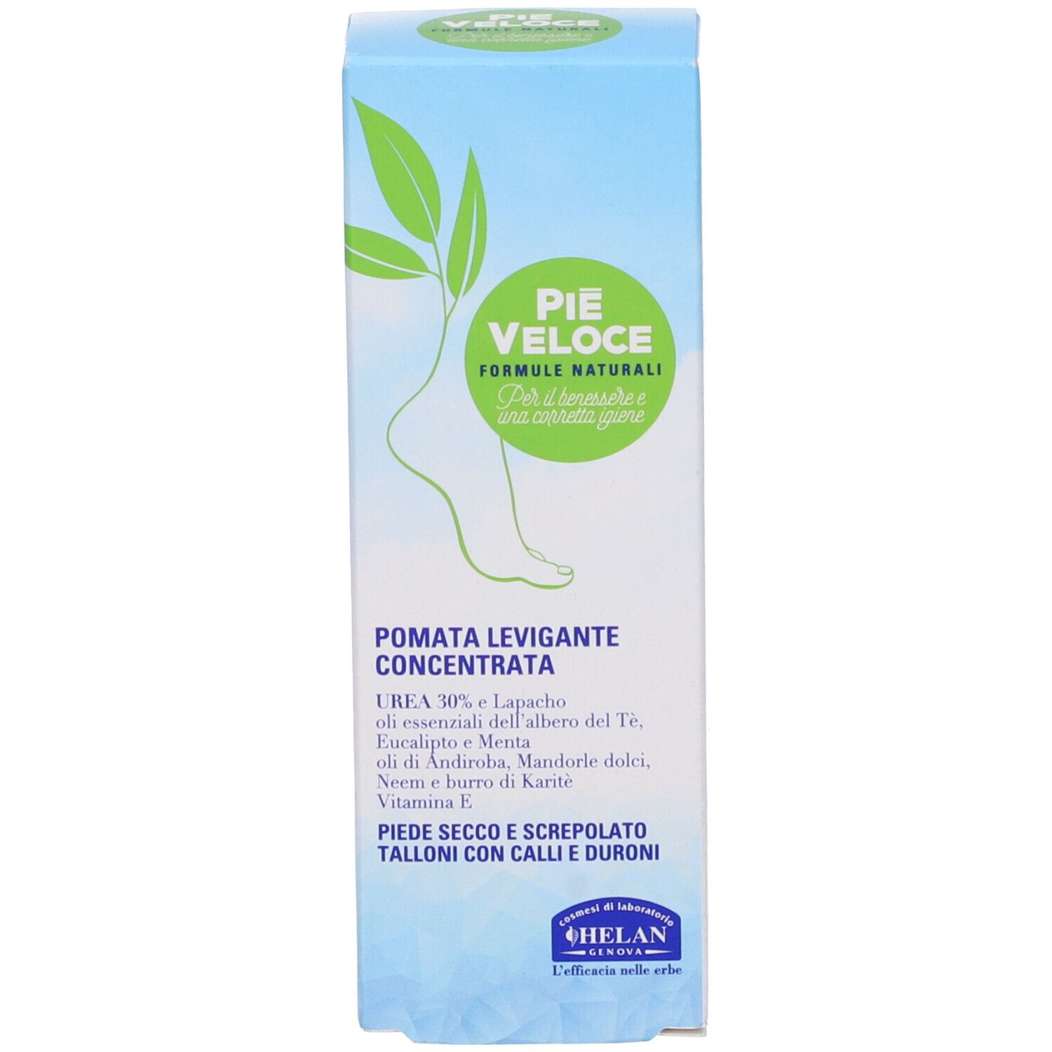 Confezione del prodotto. Testo: PIE VELOCE, Pomata Levigante Concentrata. Illustrazione del piede. Marchio: Helan. Ingredienti.