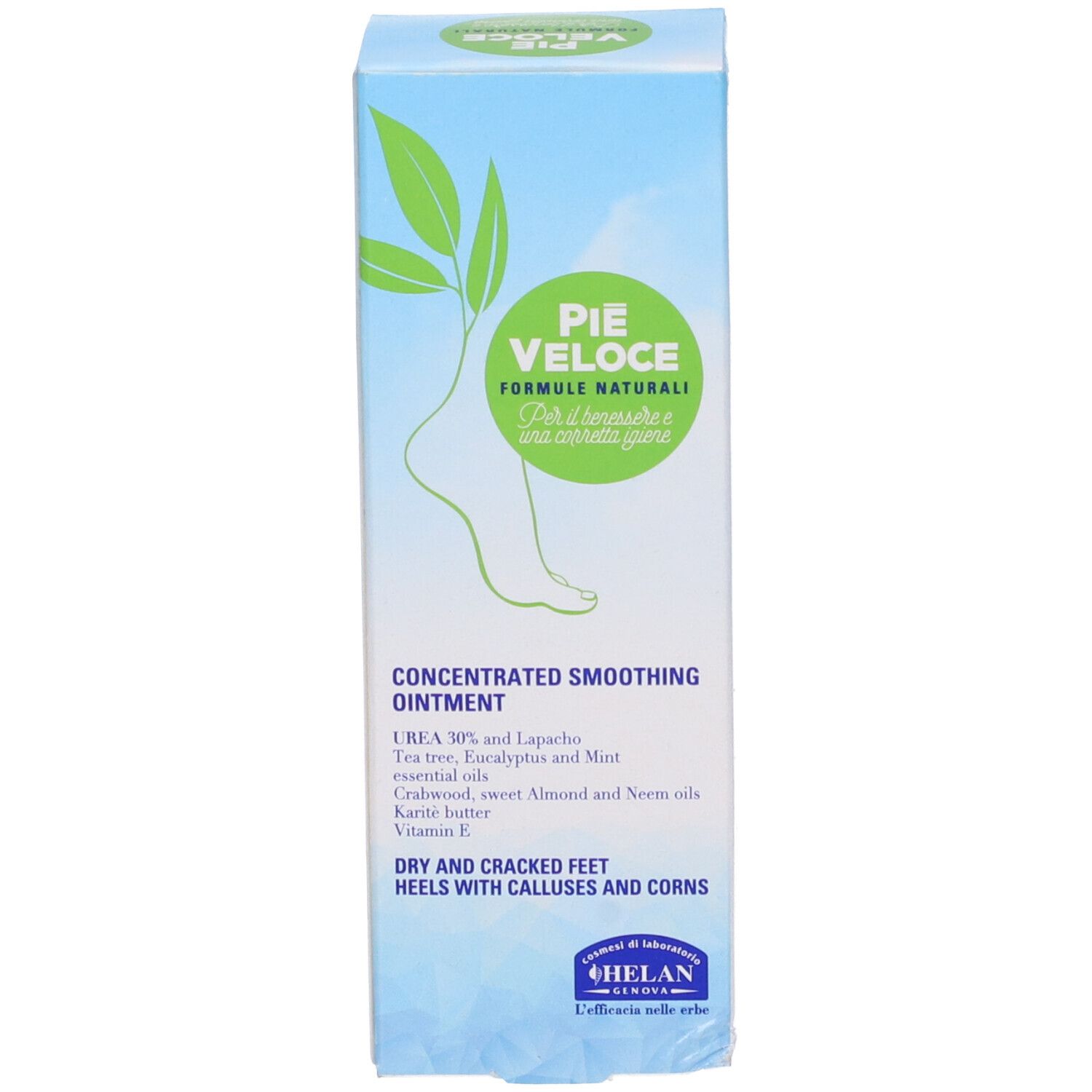 Confezione del prodotto. Testo: Concentrated Smoothing Ointment. Ingredienti. Marchio: Helan. Per piedi secchi, talloni con calli.