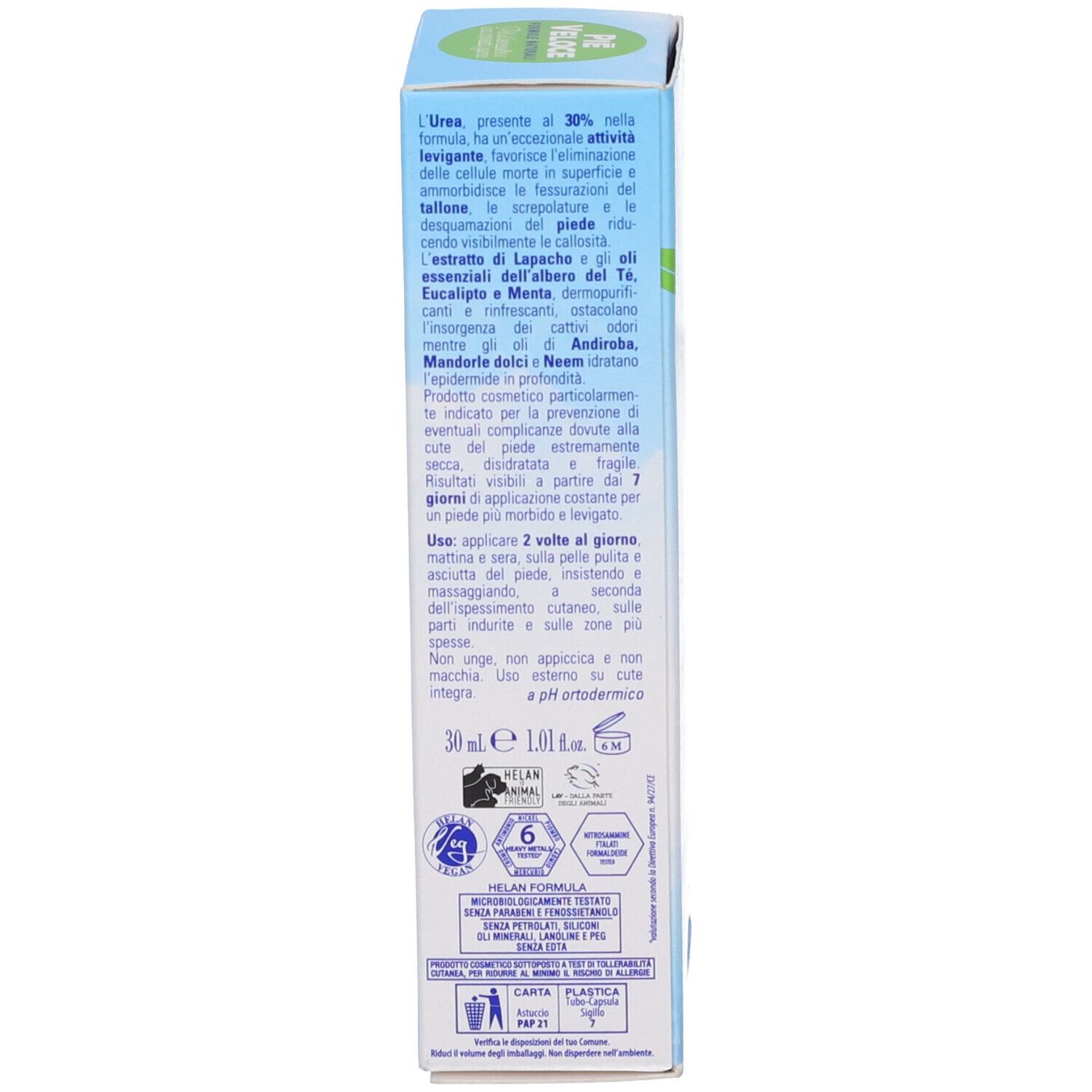 Lato della confezione del prodotto. Testo: Ingredienti, istruzioni per l'uso, pH, 30 ml, marchio Helan.