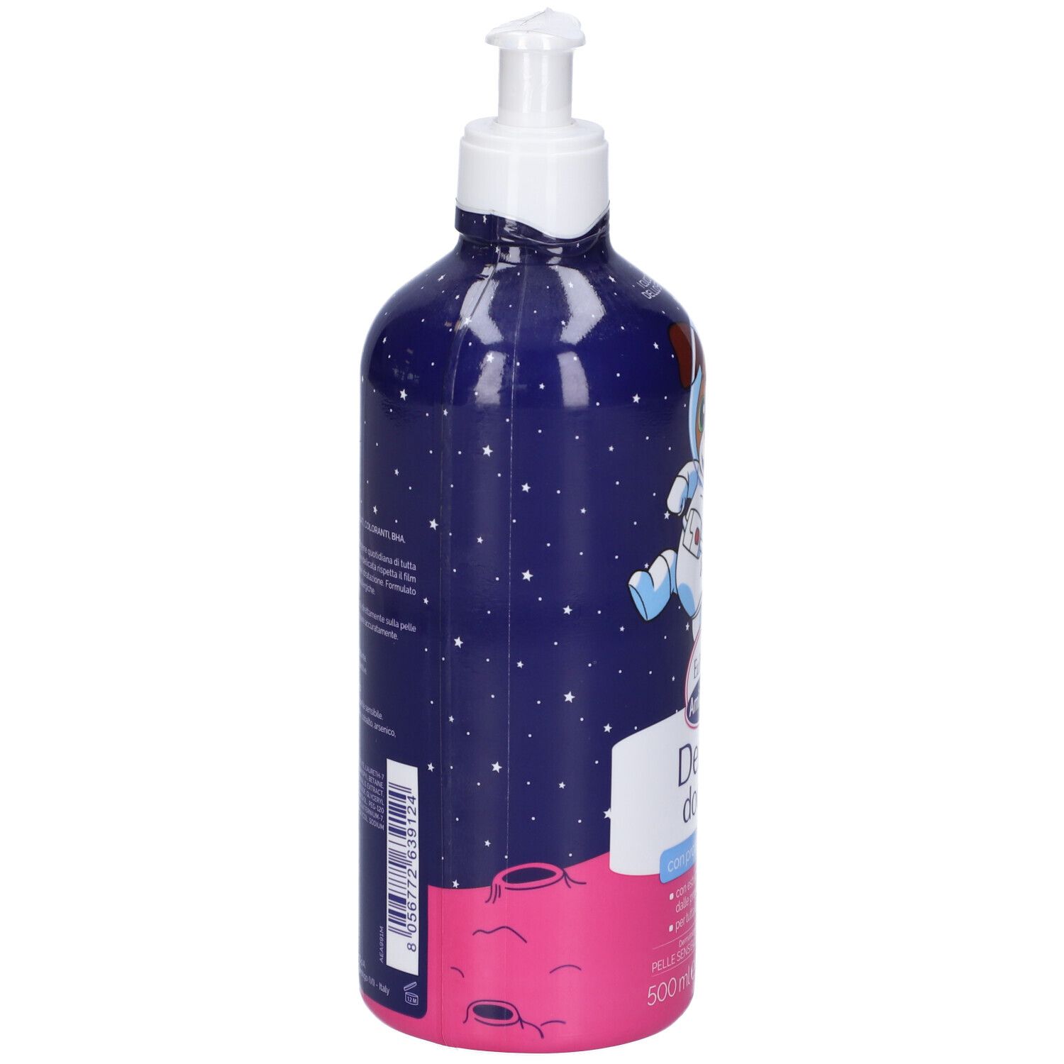 Flacone blu e rosa con dosatore. Illustrazione: cane astronauta. Testo: "Dermo doccia", "con proteine del riso".