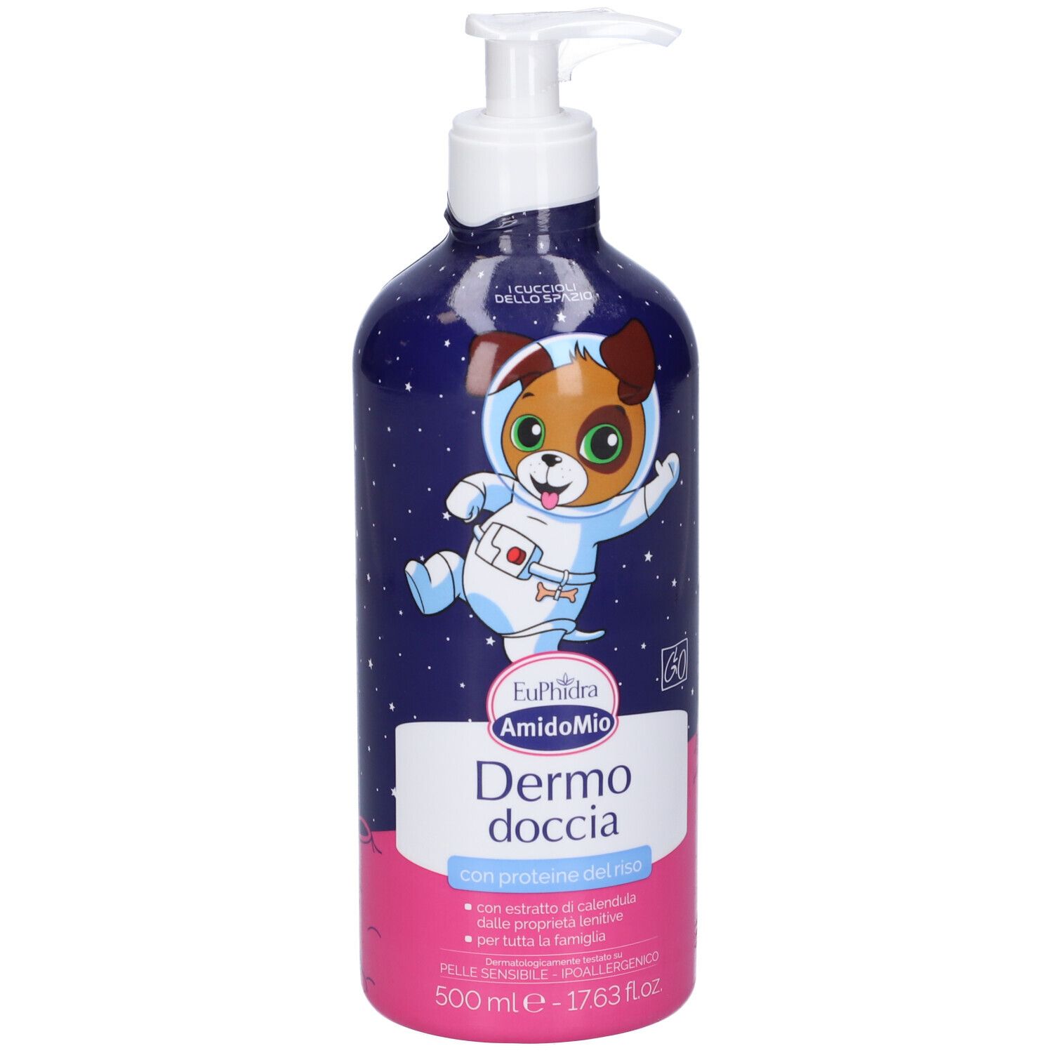 Retro del flacone blu con dosatore. Testo: ingredienti, informazioni, "RIUSAMI". Base rosa.