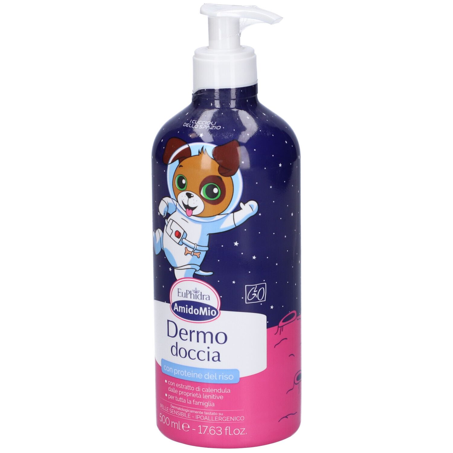 Flacone blu e rosa con dosatore. Illustrazione: cane astronauta. Testo: "Dermo doccia", "con proteine del riso".