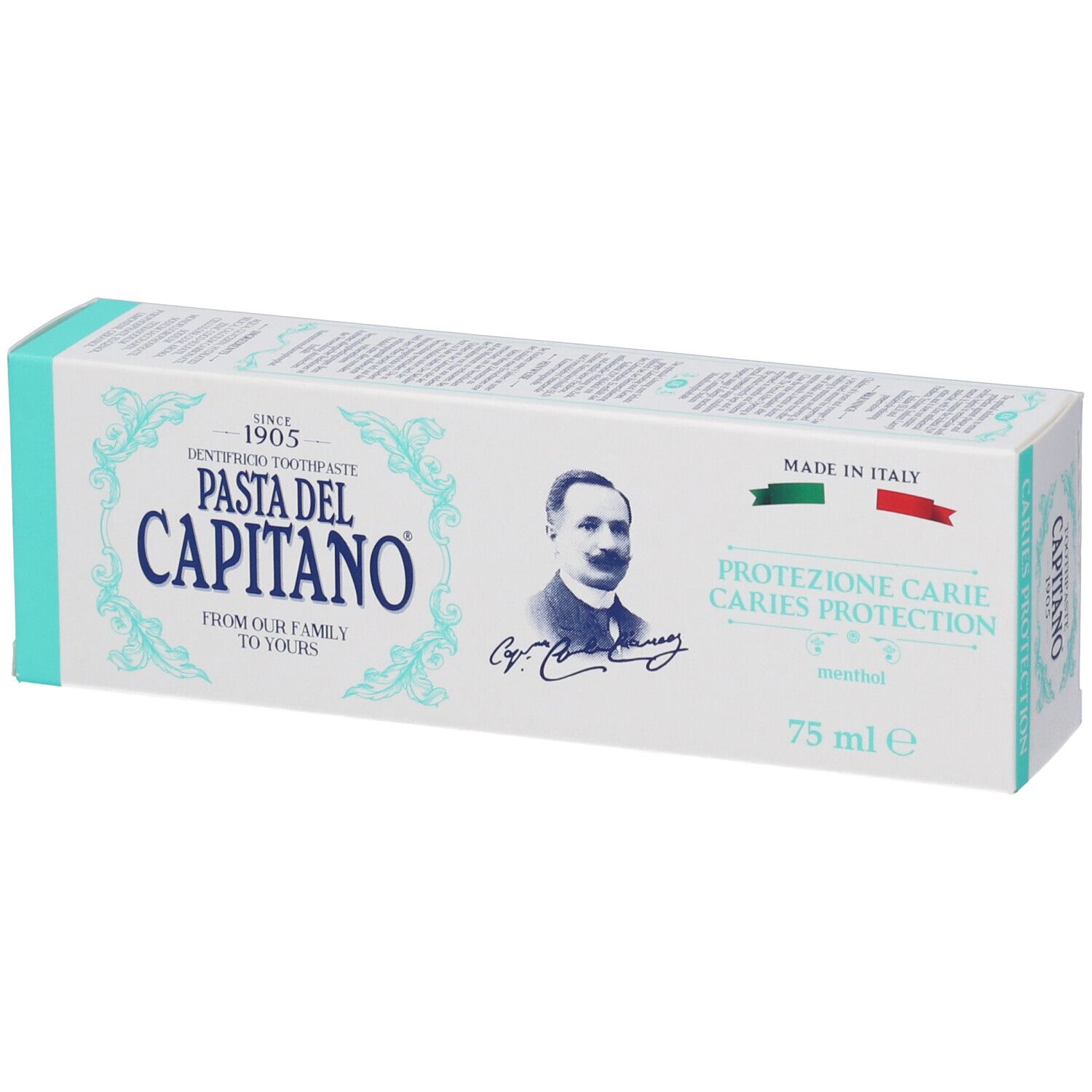 Confezione di dentifricio orizzontale. Bianca e turchese. Scritte: Pasta del Capitano, Protezione Carie, 75 ml.