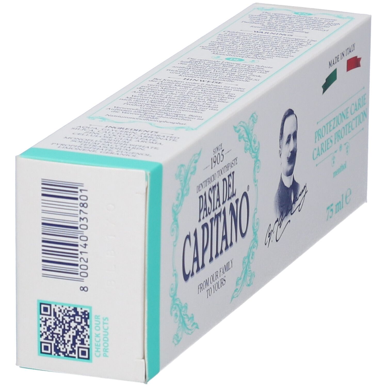 Confezione di dentifricio in diagonale. Bianca e turchese. Scritte: Pasta del Capitano, Protezione Carie, 75 ml.