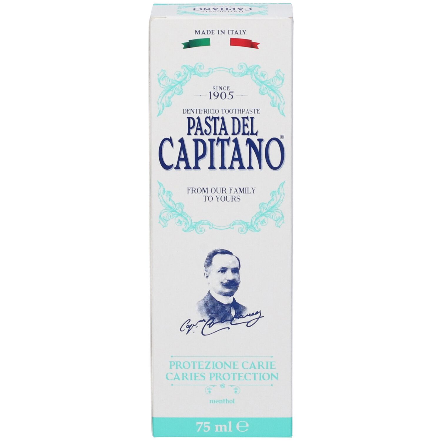 Confezione di dentifricio. Bianca e turchese. Scritte: Pasta del Capitano, Protezione Carie, 75 ml.
