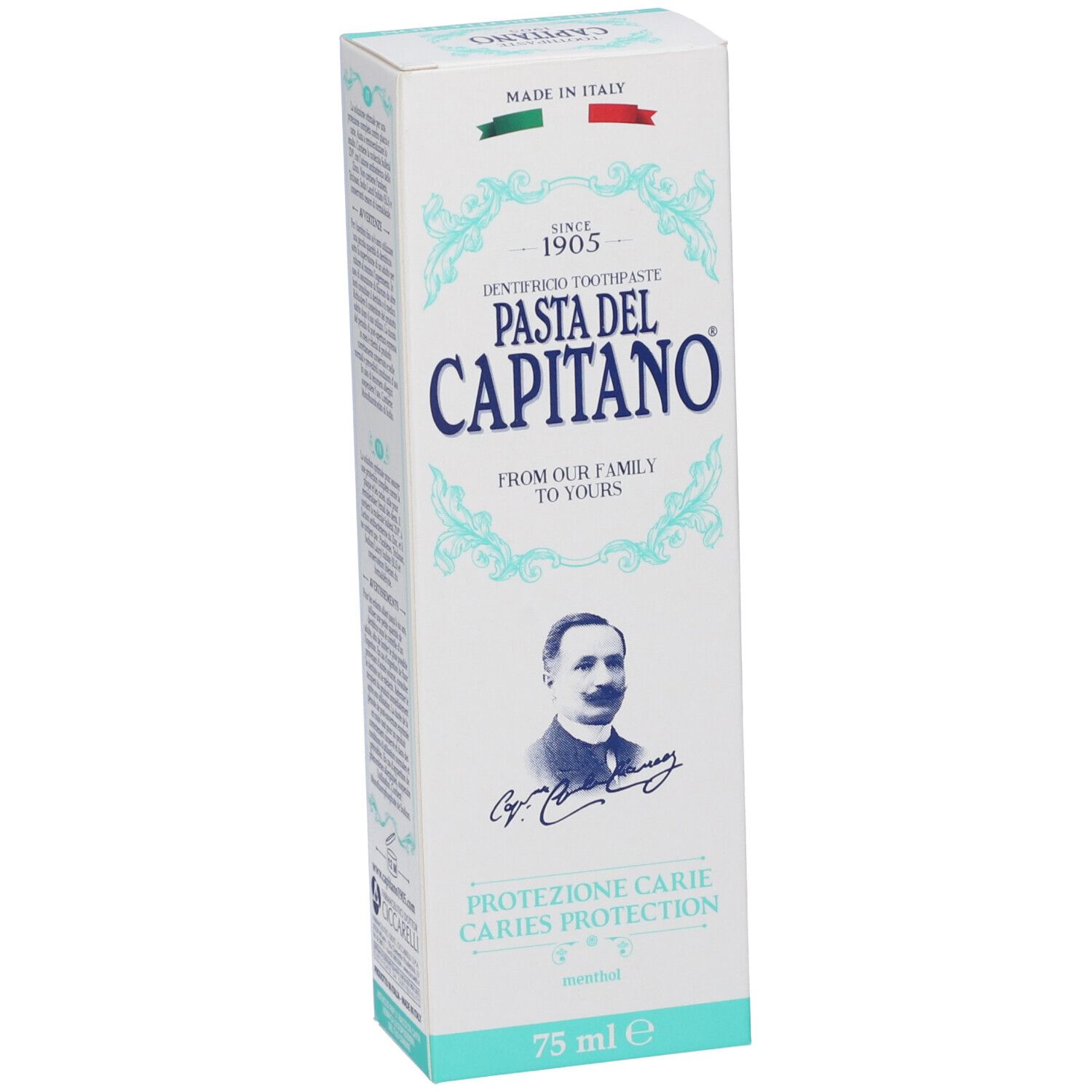 Confezione di dentifricio. Bianca e turchese. Scritte: Pasta del Capitano, Protezione Carie, 75 ml.