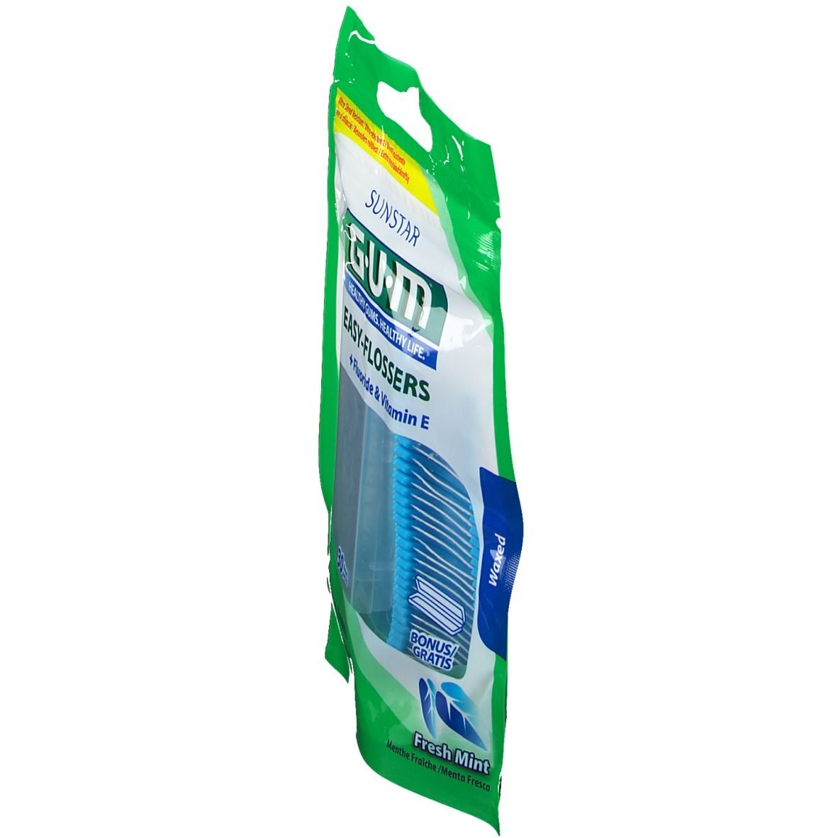 Vista laterale della confezione GUM Easy-Flosser. Verde e bianco, con flosser blu. Testo: Easy-Flossers, Fresh Mint.