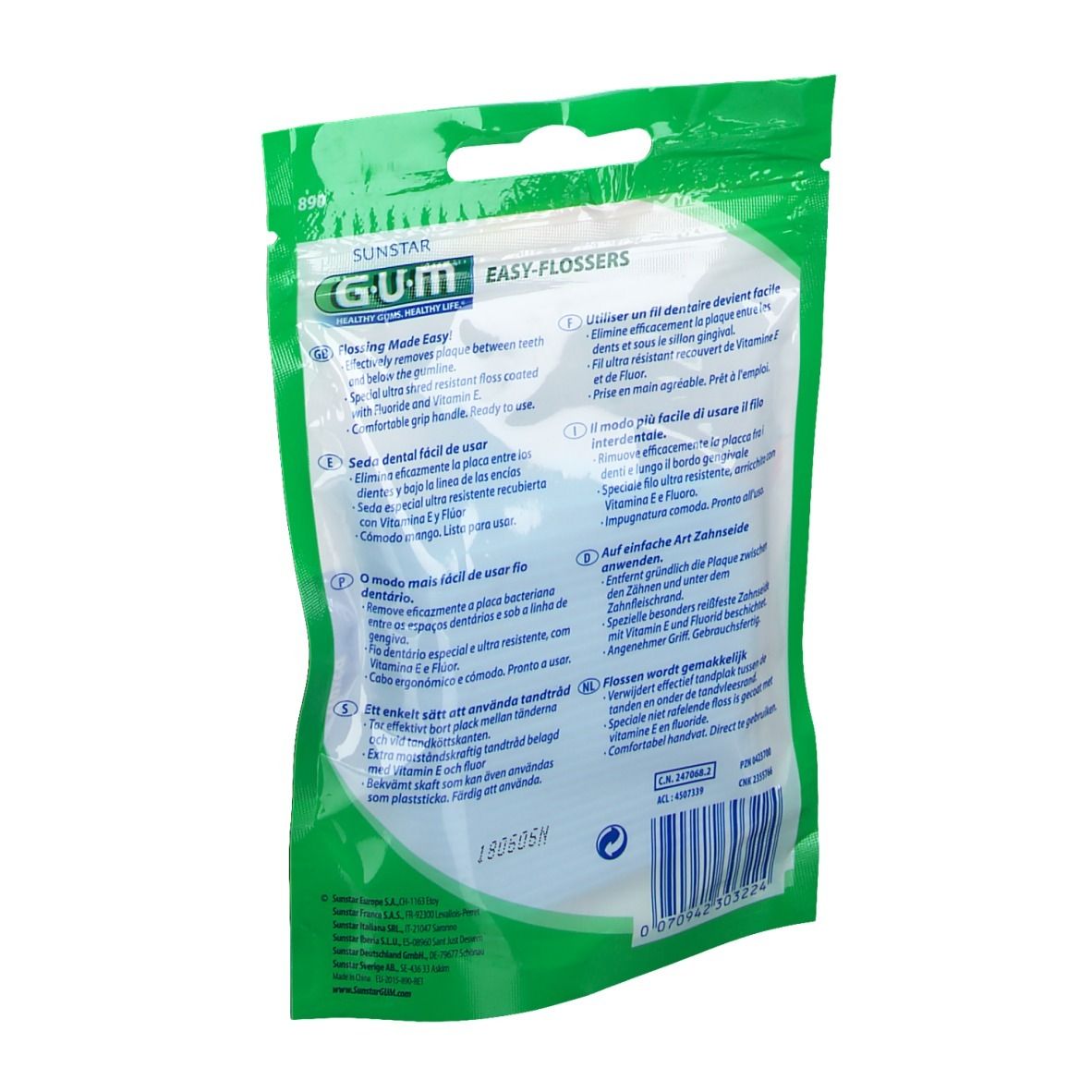 Retro della confezione GUM Easy-Flosser. Testo multilingue. Sfondo verde, testo bianco.