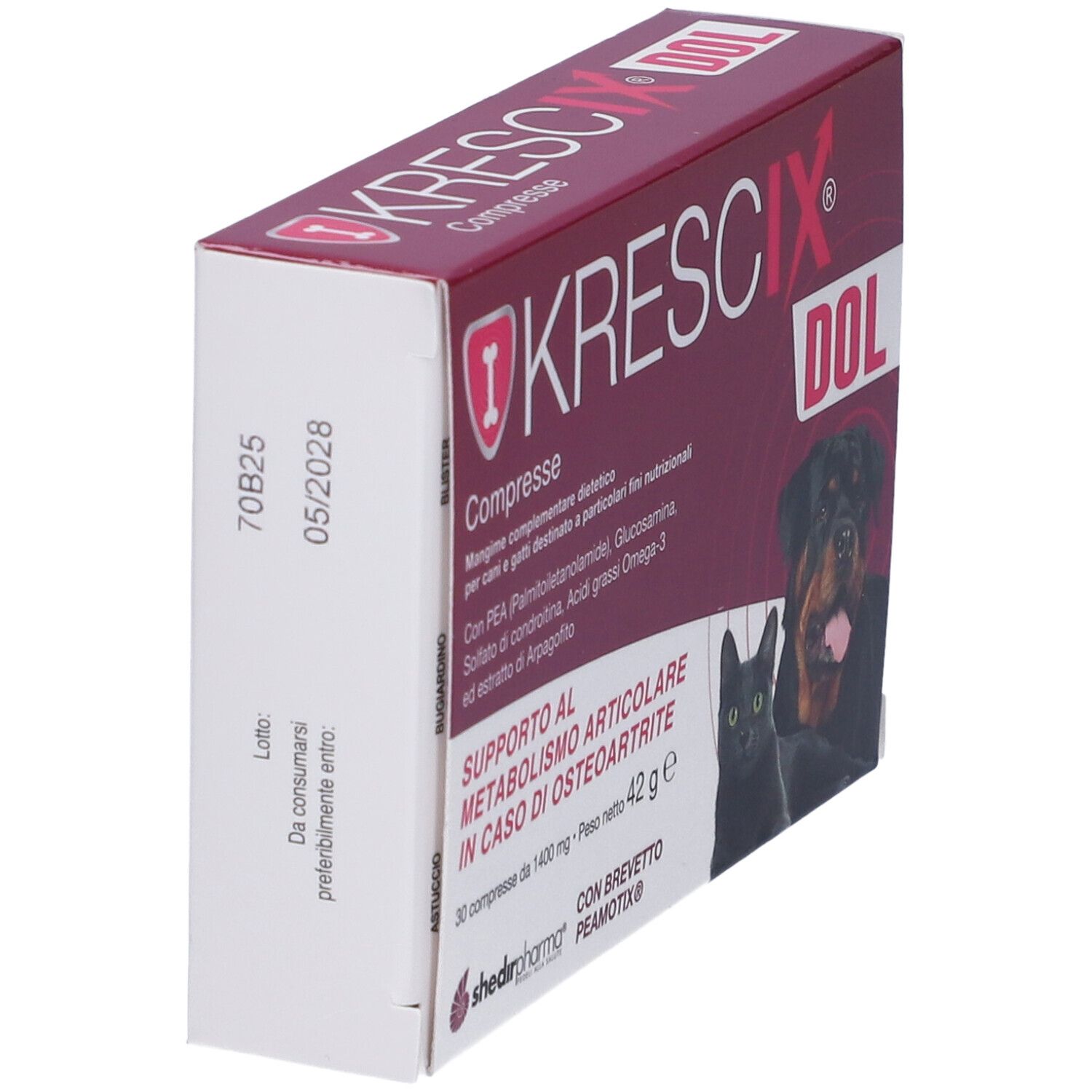 Lato scatola Krescix Dol. Testo: 'Krescix Dol Compresse'. Stampa: '70B25 05/2028'.