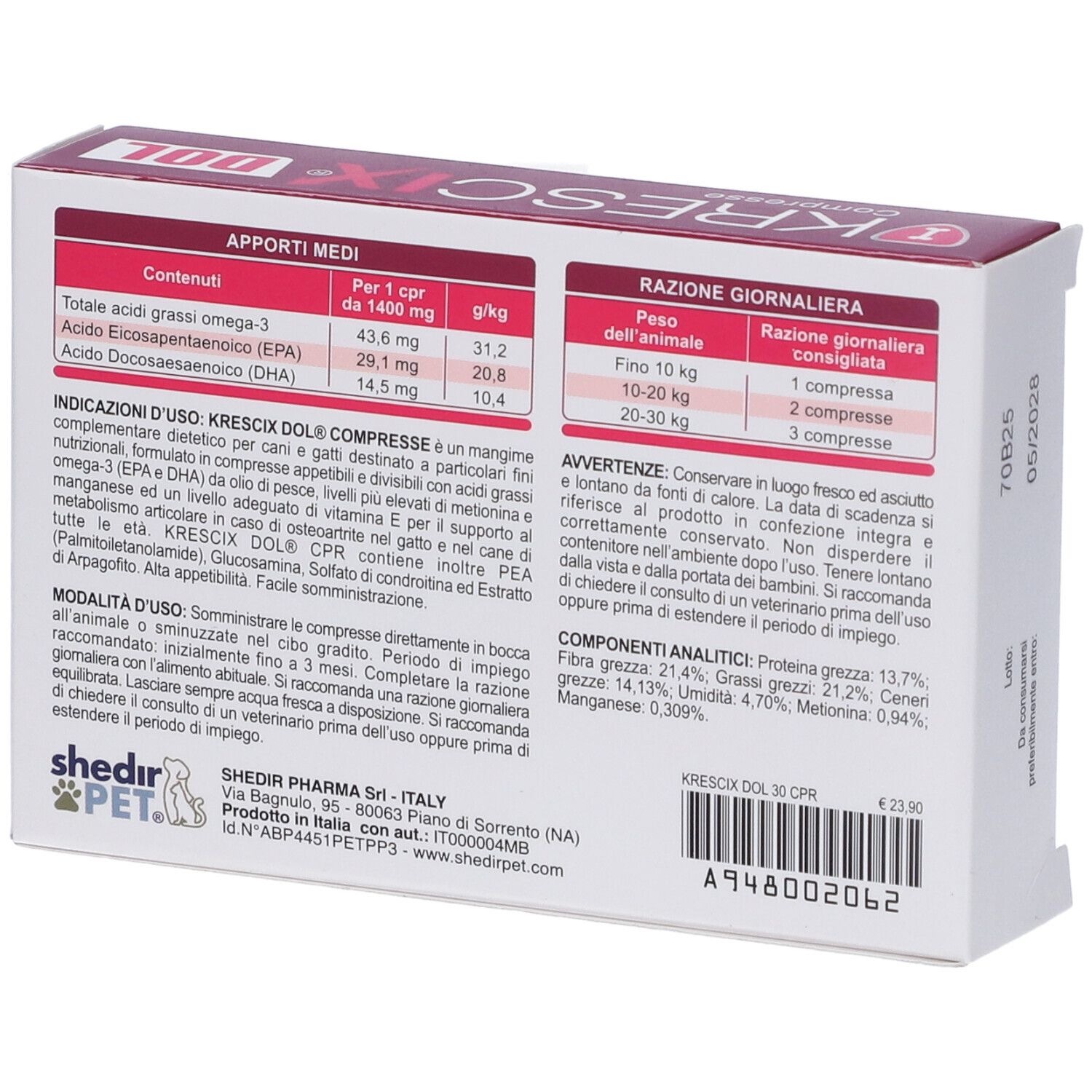 Retro della confezione Krescix Dol. Contiene tabelle con informazioni nutrizionali e raccomandazioni di dosaggio.