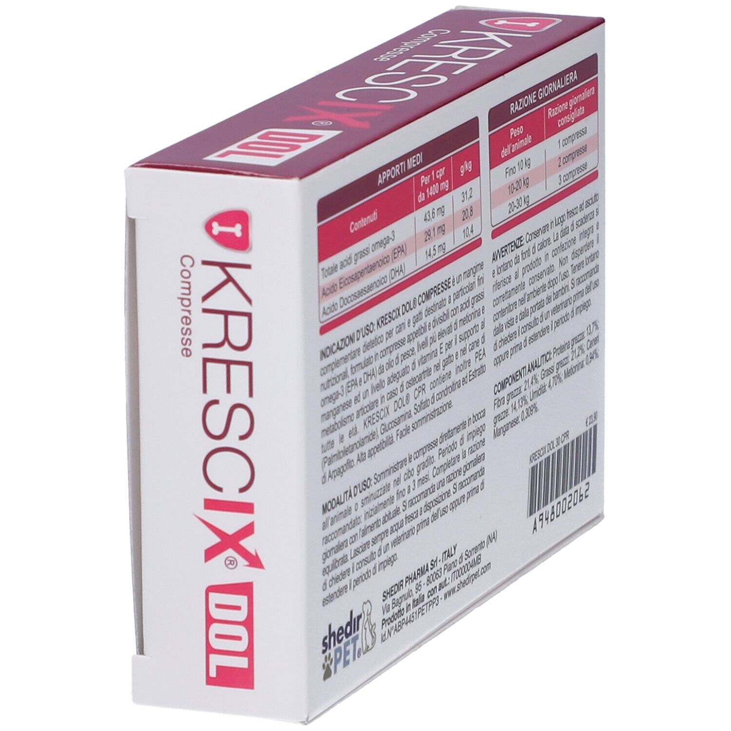 Scatola Krescix Dol, vista obliqua. Testo: 'Krescix Dol Compresse'. Retro con tabelle.