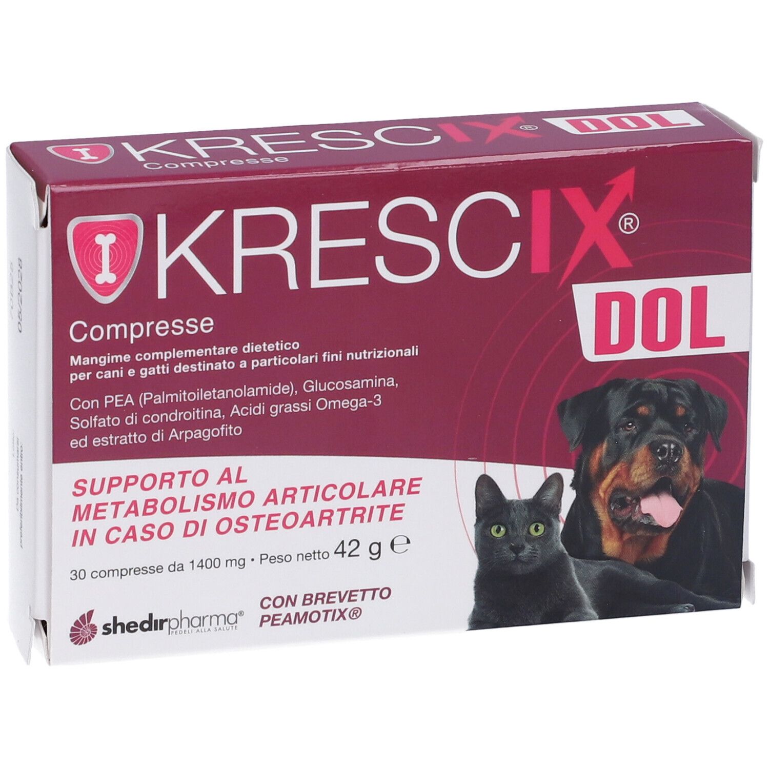 Scatola Krescix Dol. Immagine di gatto e cane. Testo: 'Krescix Dol Compresse'.