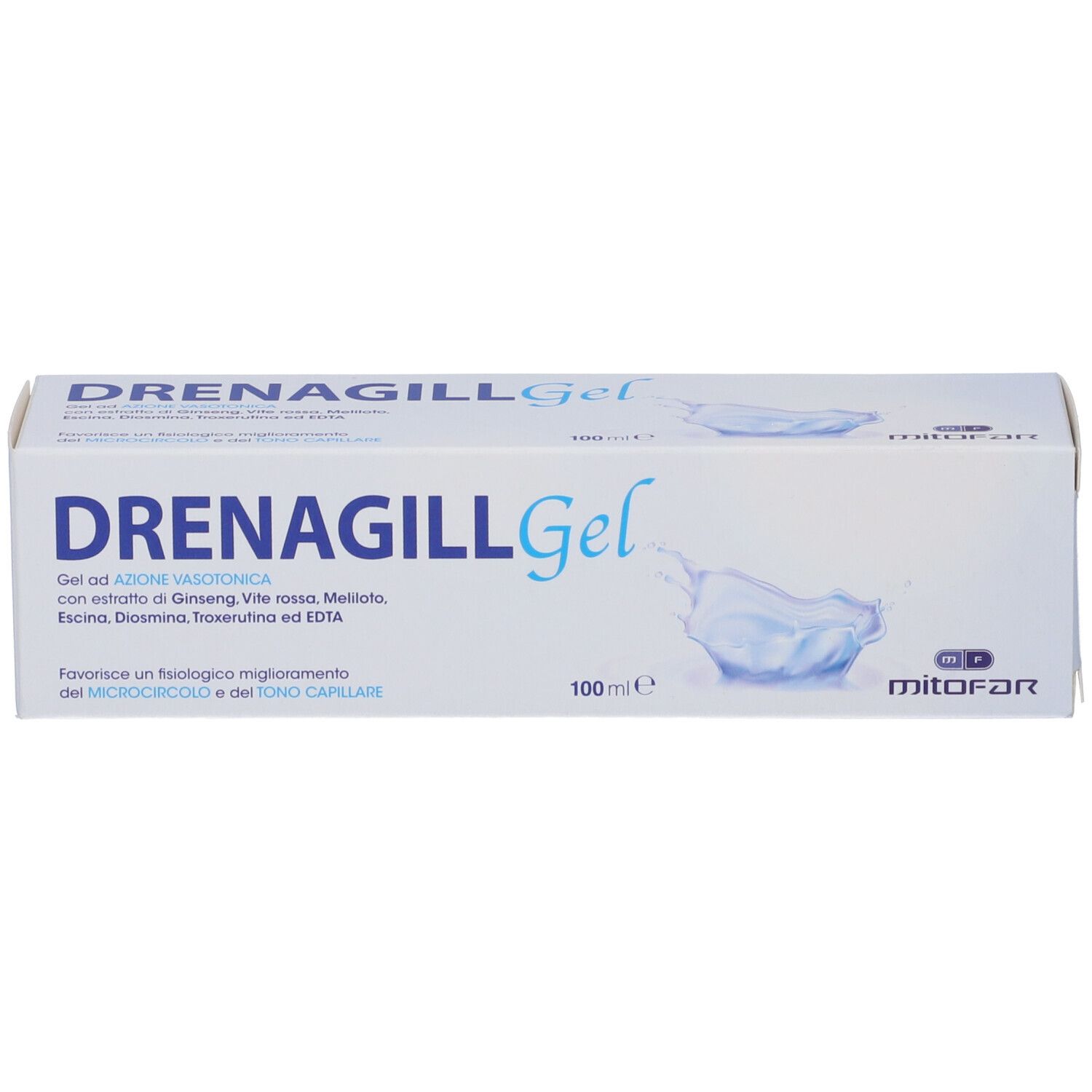 Confezione bianca con scritta blu. Scritta DRENAGILL Gel. Logo MITOFAR. Informazioni e ingredienti del prodotto.