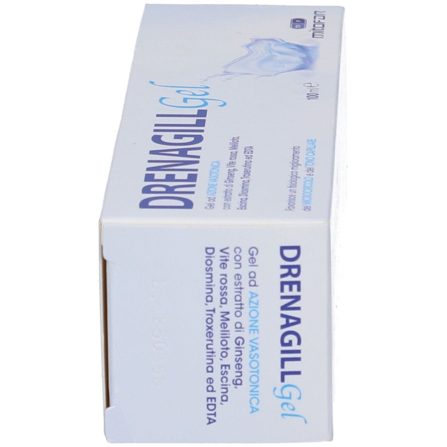 Confezione del prodotto, in diagonale. Scritta DRENAGILL Gel. Logo MITOFAR. Informazioni e ingredienti del prodotto.