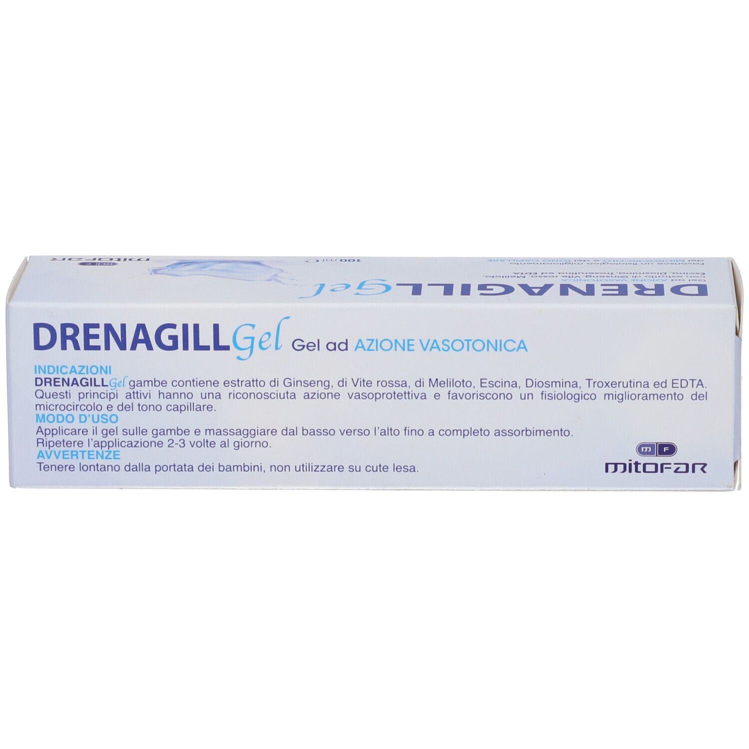 Confezione del prodotto. Scritta DRENAGILL Gel. Logo MITOFAR. Informazioni, ingredienti e modo d'uso.