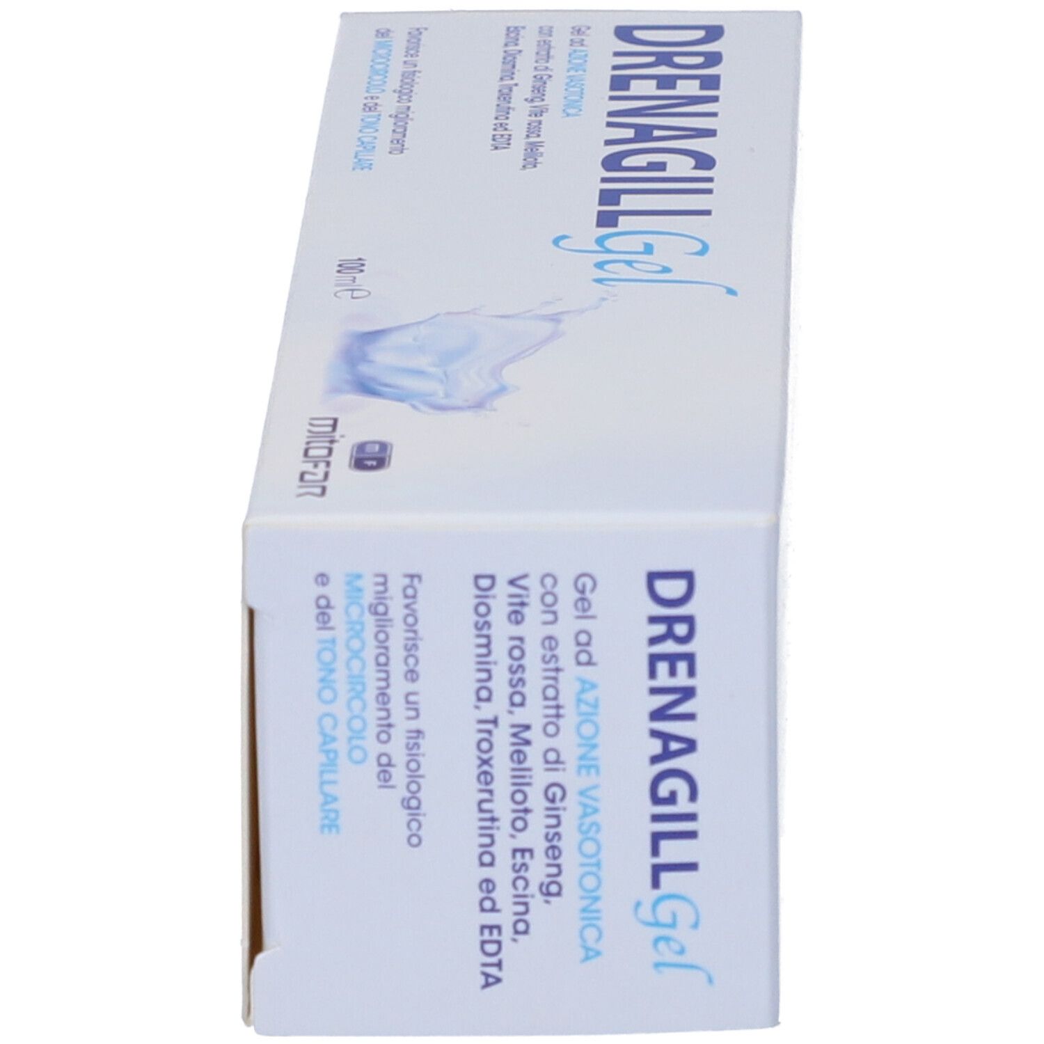 Confezione del prodotto, in diagonale. Scritta DRENAGILL Gel. Logo MITOFAR. Informazioni e ingredienti del prodotto.