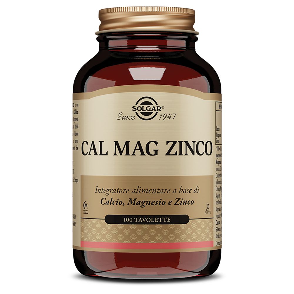Flacone in vetro marrone SOLGAR Cal Mag Zinco. Contiene 100 compresse. Tappo dorato.