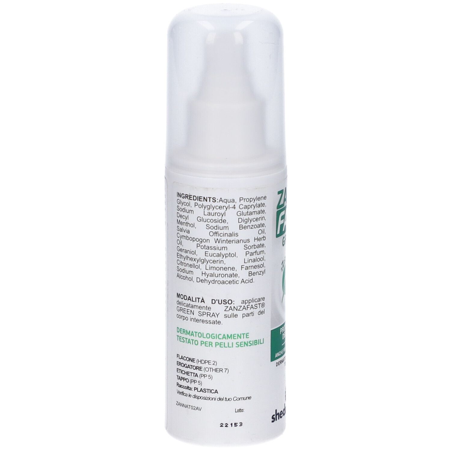 Retro del flacone spray bianco. Testo: Ingredienti, modalità d'uso, dermatologicamente testato. Tappo trasparente.