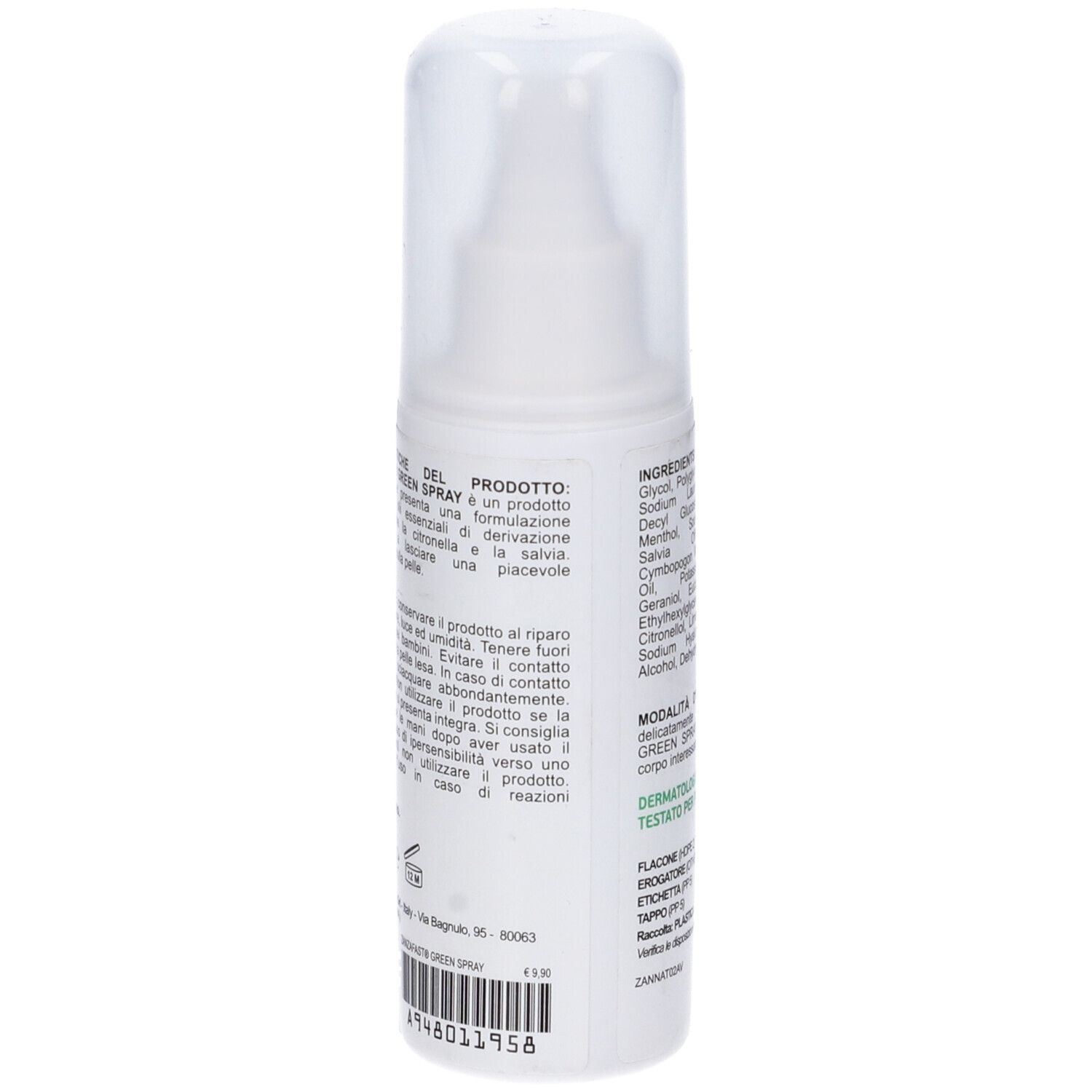 Flacone spray bianco con testo e codice a barre. Testo: Modalità d'uso, ingredienti. Tappo trasparente. Logo del produttore.