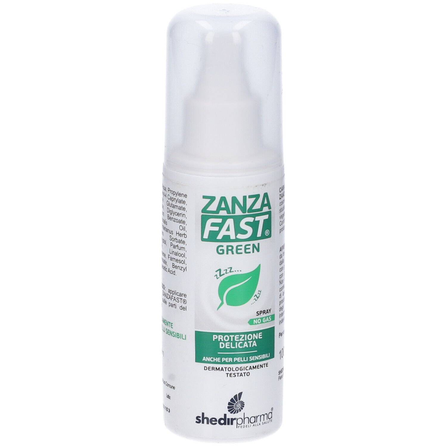 Flacone spray bianco con etichetta verde. Testo: Zanza Fast Green, simbolo foglia, Protezione delicata. Tappo trasparente.