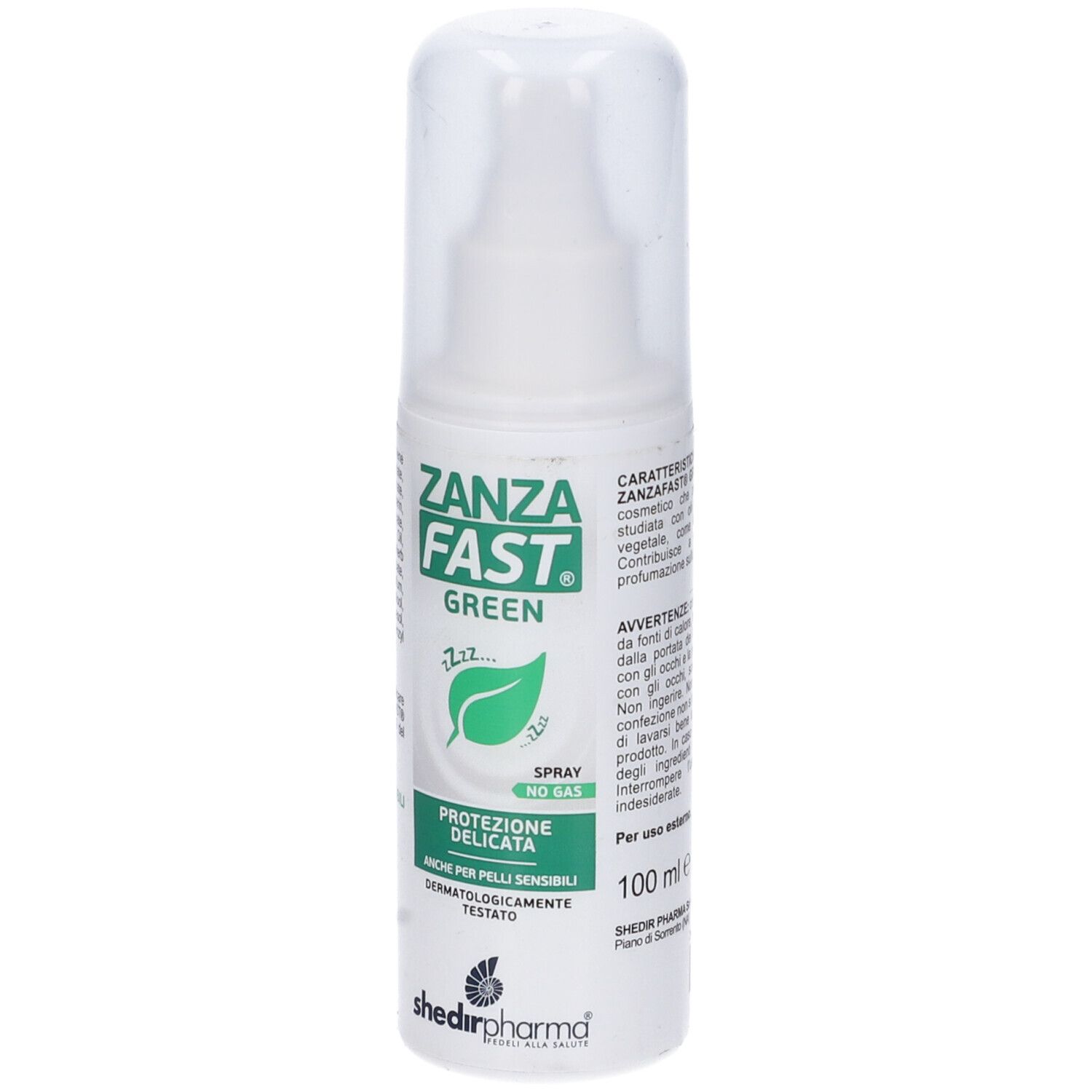 Flacone spray bianco con etichetta verde. Testo: Zanza Fast Green, simbolo foglia, Protezione delicata, 100 ml. Tappo trasparente.