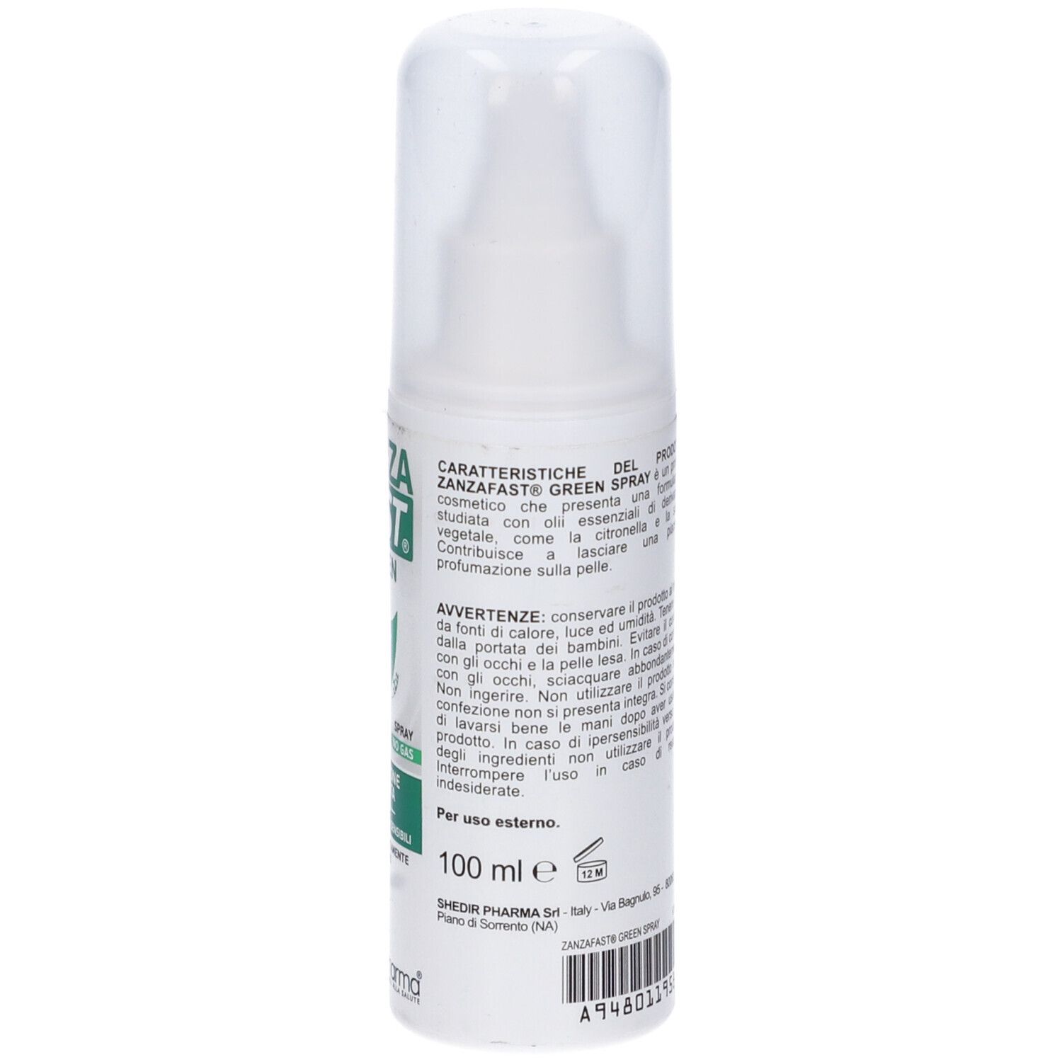 Retro del flacone spray bianco. Testo: Caratteristiche, avvertenze, 100 ml. Tappo trasparente. Logo del produttore.