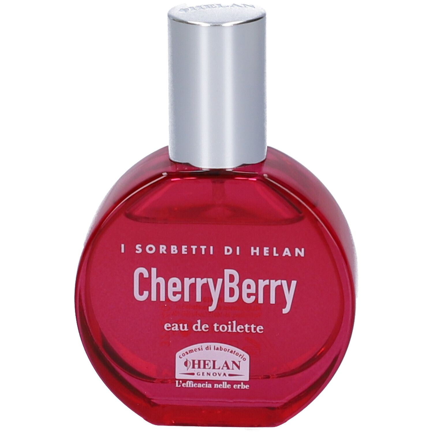 Flacone rotondo rosa con tappo argentato. Scritta: CherryBerry eau de toilette. Marchio: Helan.