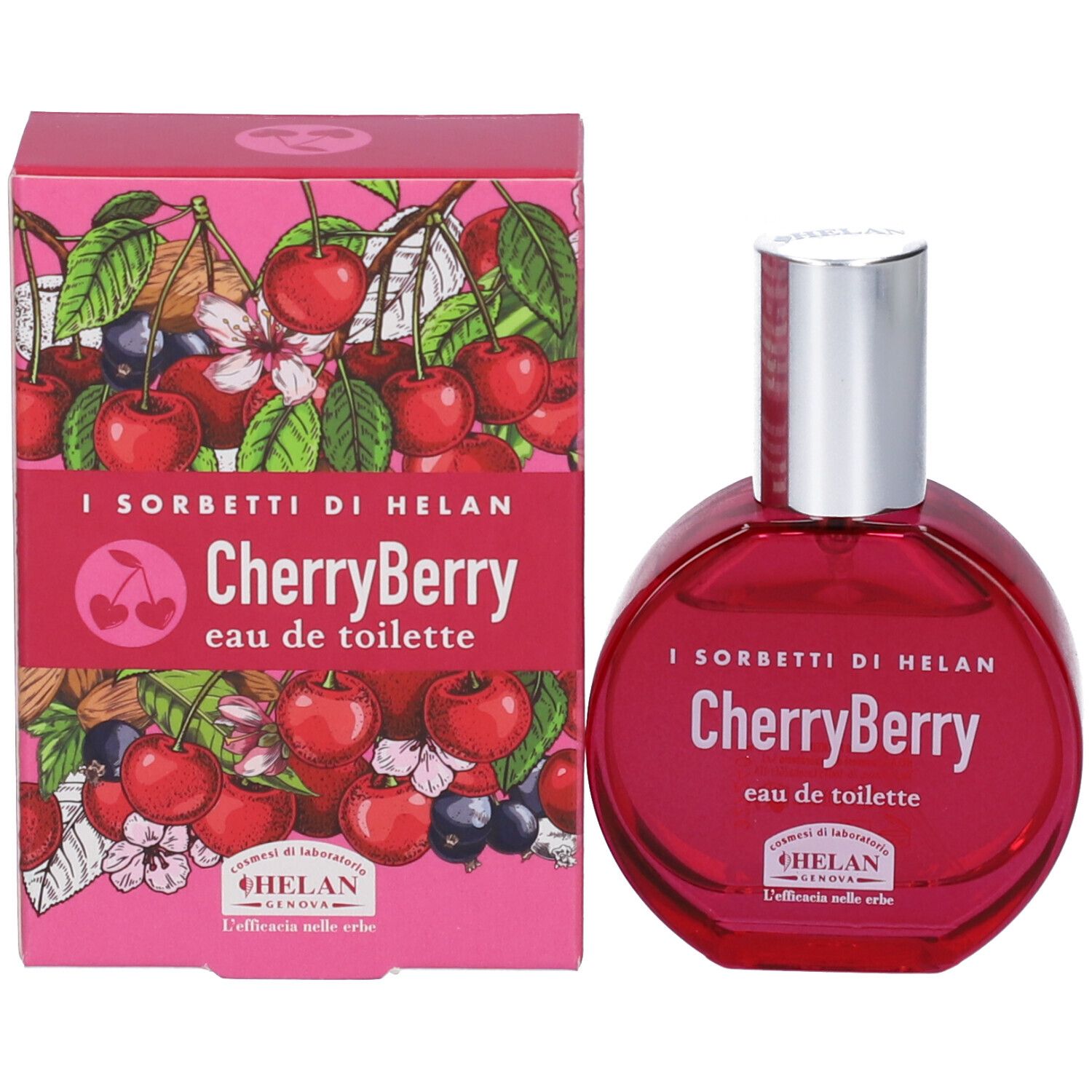 Scatola rosa e flacone. Scritta: CherryBerry eau de toilette. Immagine di ciliegie. Marchio: Helan.
