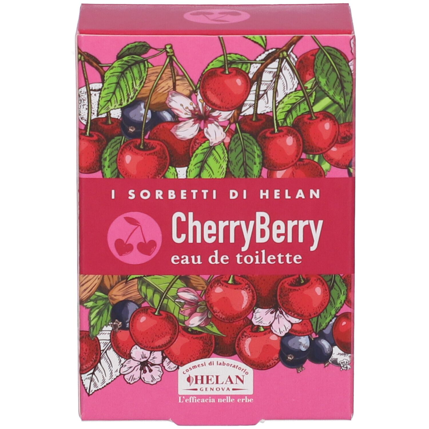 Scatola rosa con ciliegie e bacche. Scritta: CherryBerry eau de toilette. Marchio: Helan.