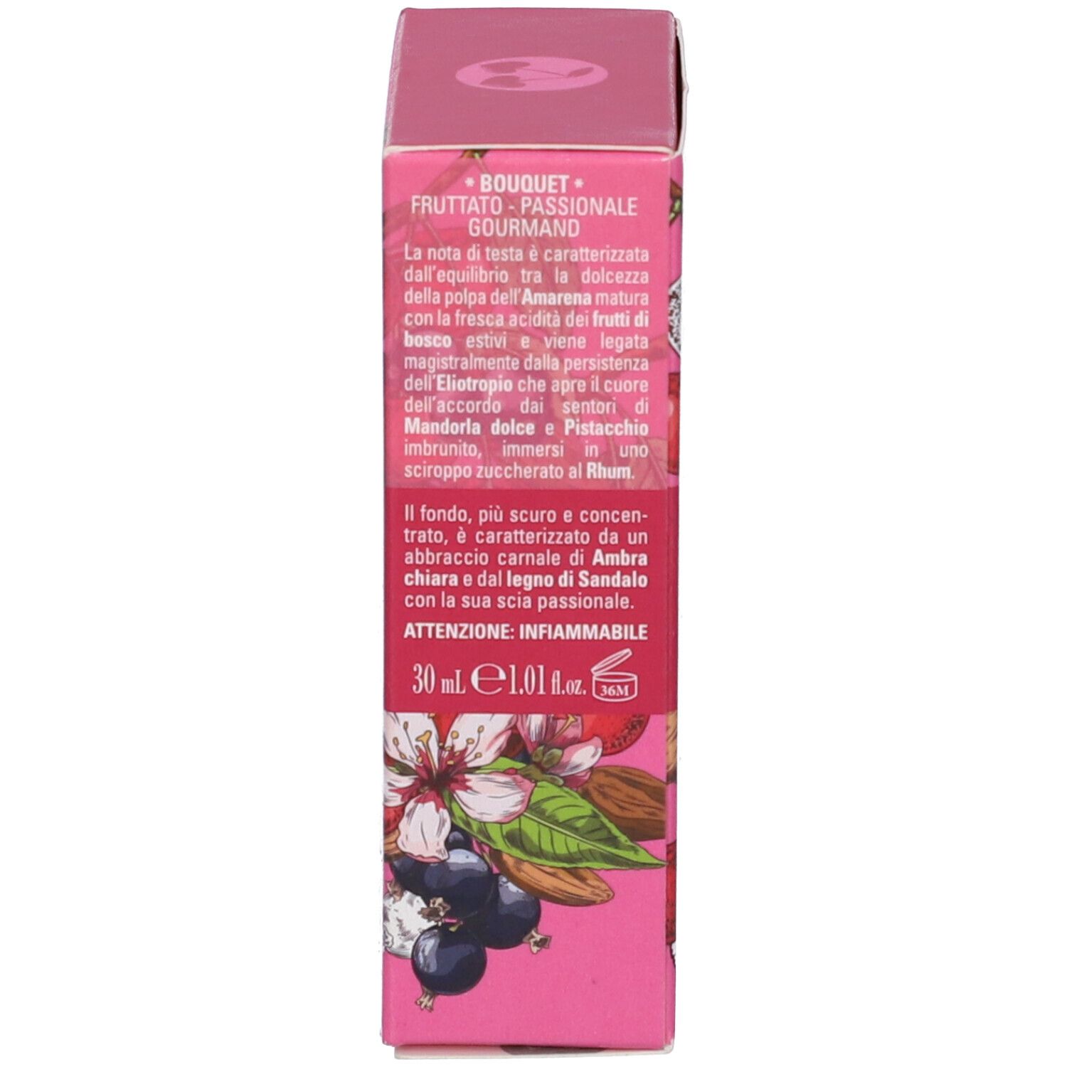 Retro della scatola. Testo sulle note olfattive. Scritta: 30 ml. Attenzione: Infiammabile.