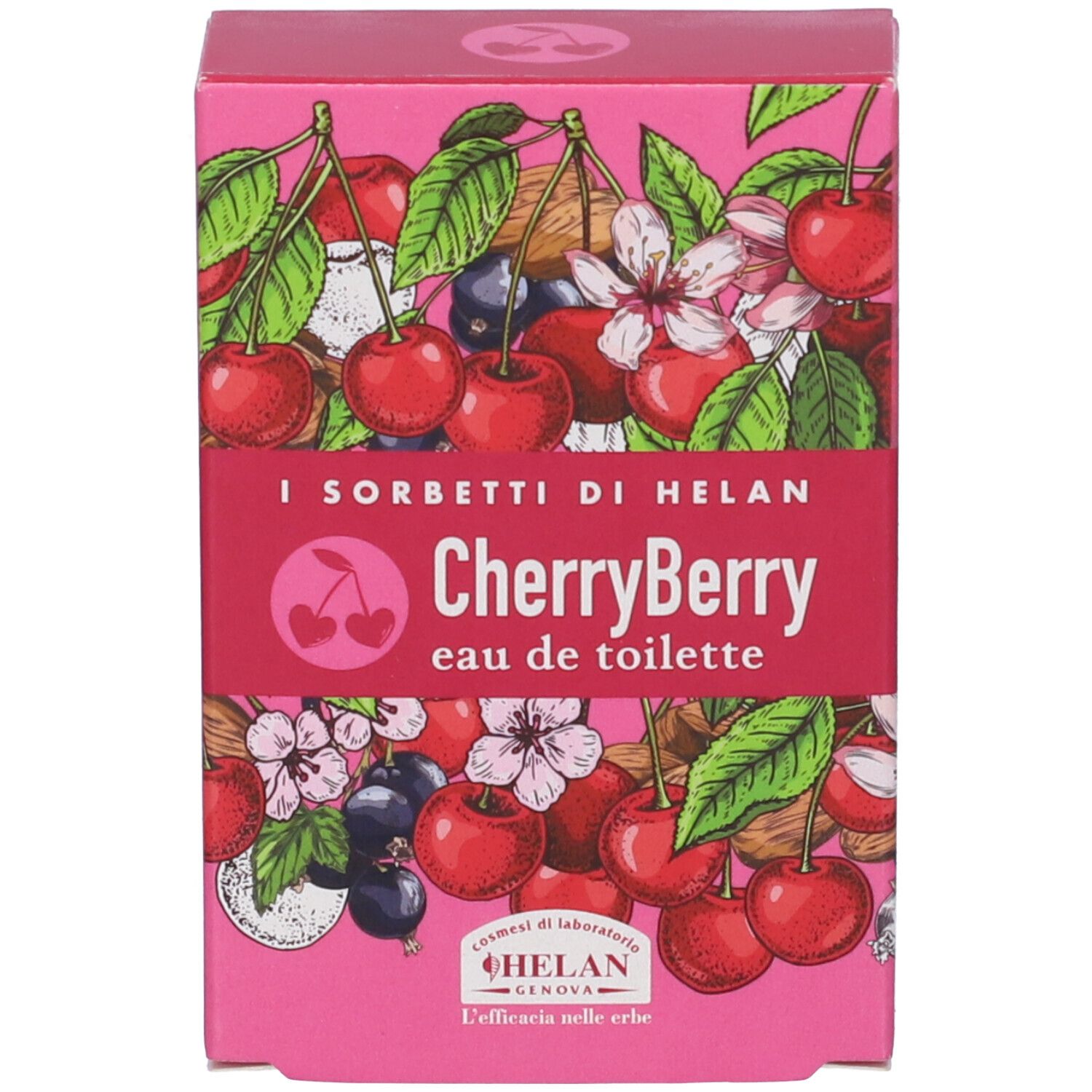 Scatola rosa con ciliegie e bacche. Scritta: CherryBerry eau de toilette. Marchio: Helan.