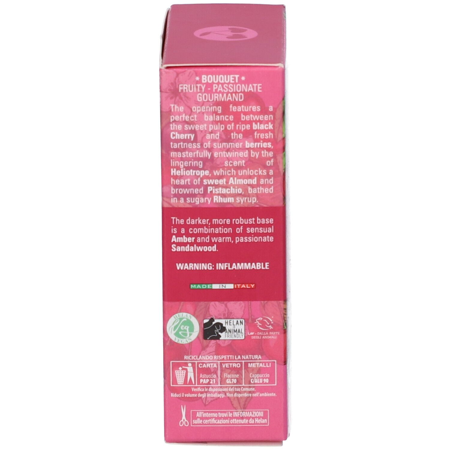 Retro della scatola. Testo sulle note olfattive. Scritta: 30 ml. Attenzione: Infiammabile. Prodotto in Italia.