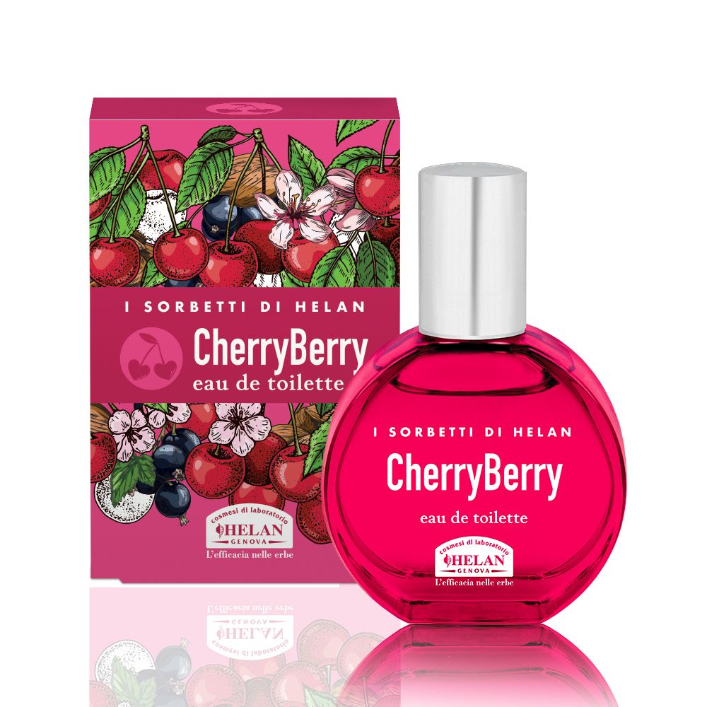 Scatola rosa e flacone. Scritta: CherryBerry eau de toilette. Immagine di ciliegie. Marchio: Helan.