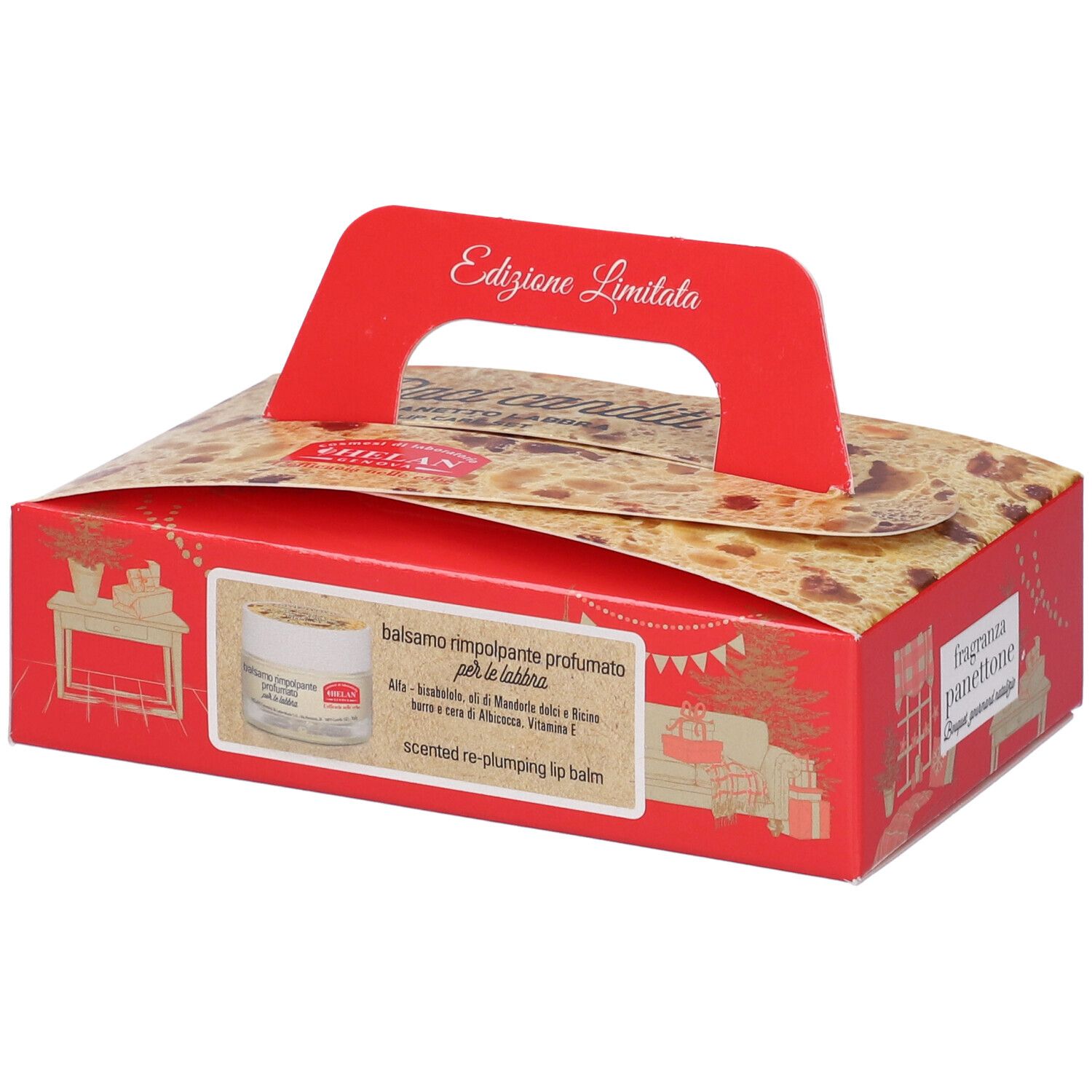 Scatola rossa con manico, 'Edizione Limitata'. Contiene un prodotto con logo 'Helan' e testo.