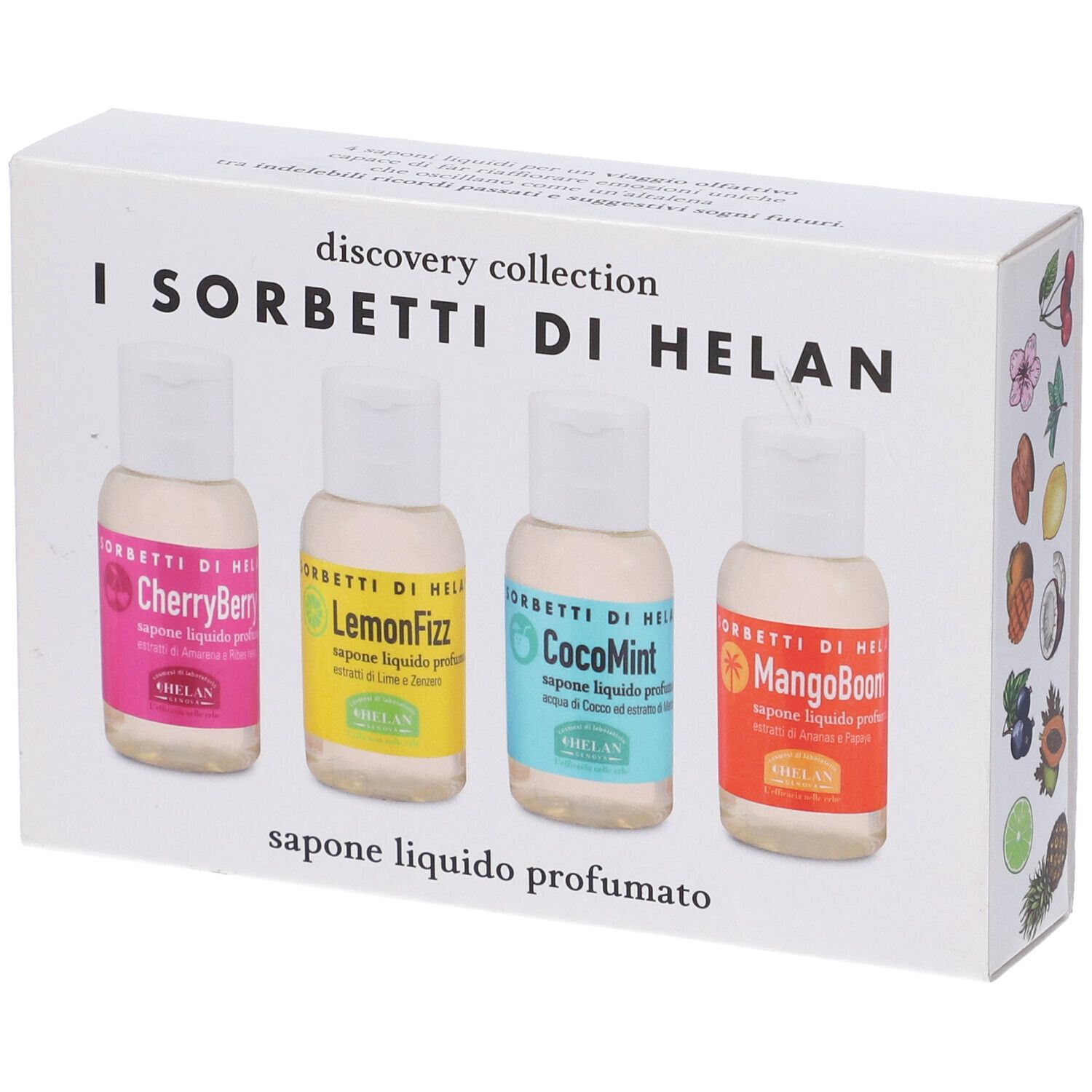 Scatola bianca con quattro flaconi di sapone liquido. Scritta: I Sorbetti Di Helan. Colori: rosa, giallo, blu, arancione. Con nome del prodotto.