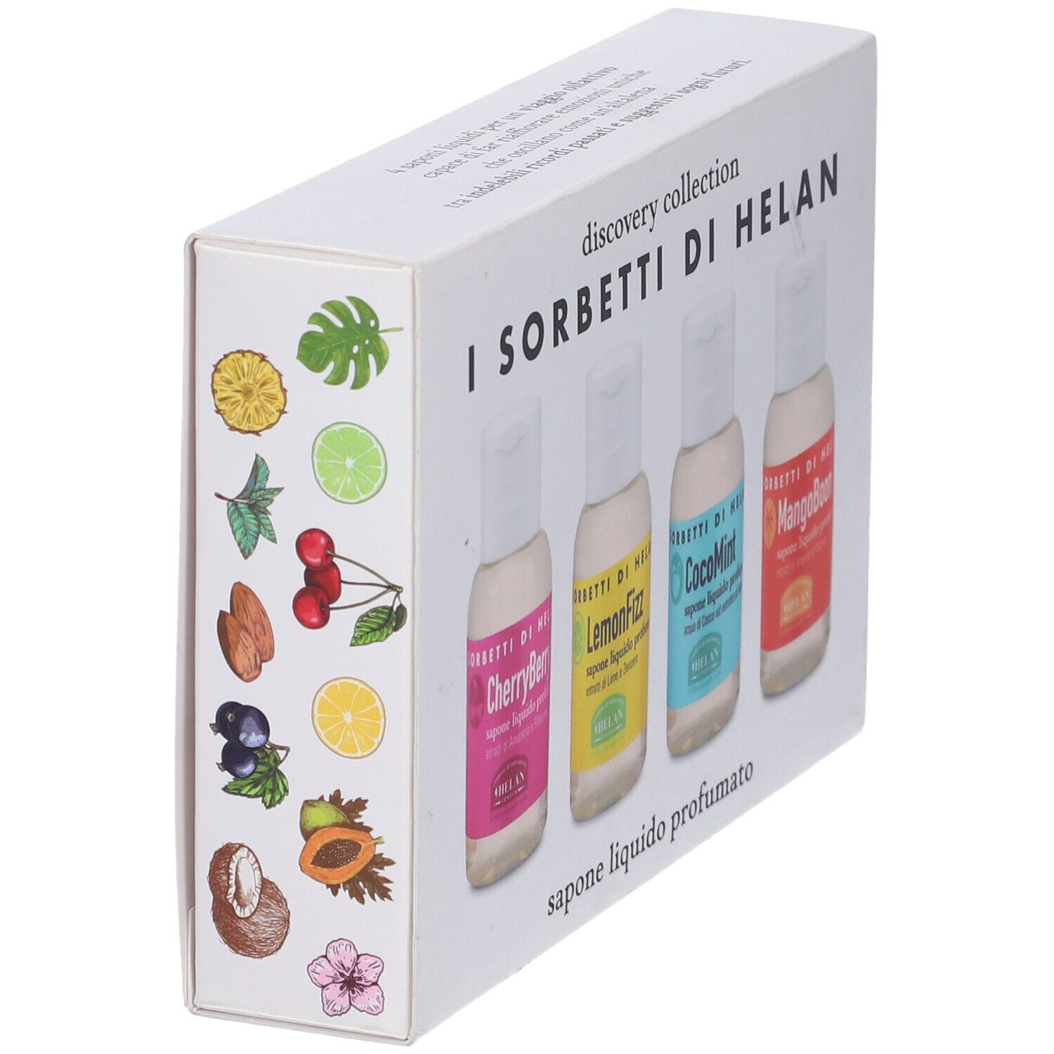 Scatola con quattro flaconi di sapone liquido. Scritta: I Sorbetti Di Helan. Colori: rosa, giallo, blu, arancione. Con nome del prodotto e illustrazioni.