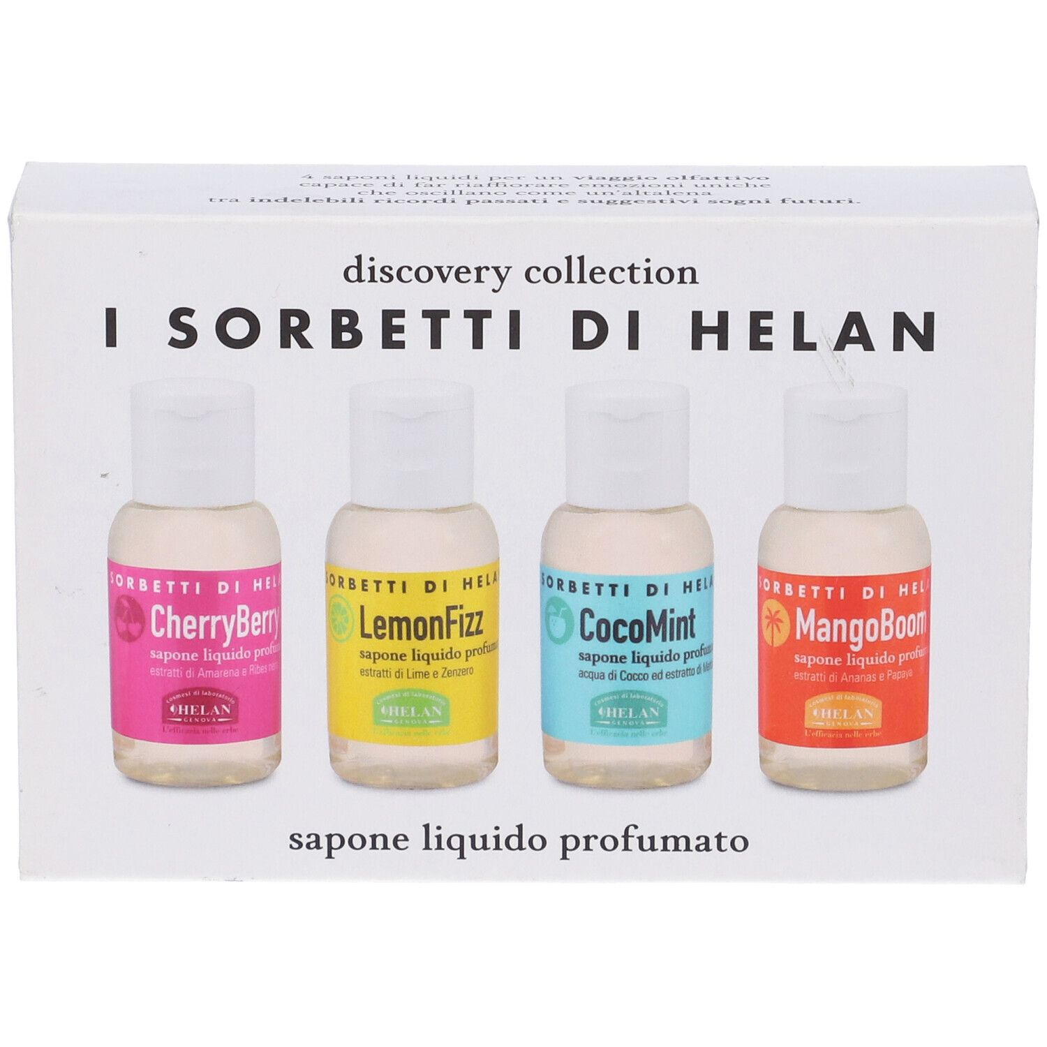 Scatola bianca con quattro flaconi di sapone liquido. Scritta: I Sorbetti Di Helan. Colori: rosa, giallo, blu, arancione. Con nome del prodotto.