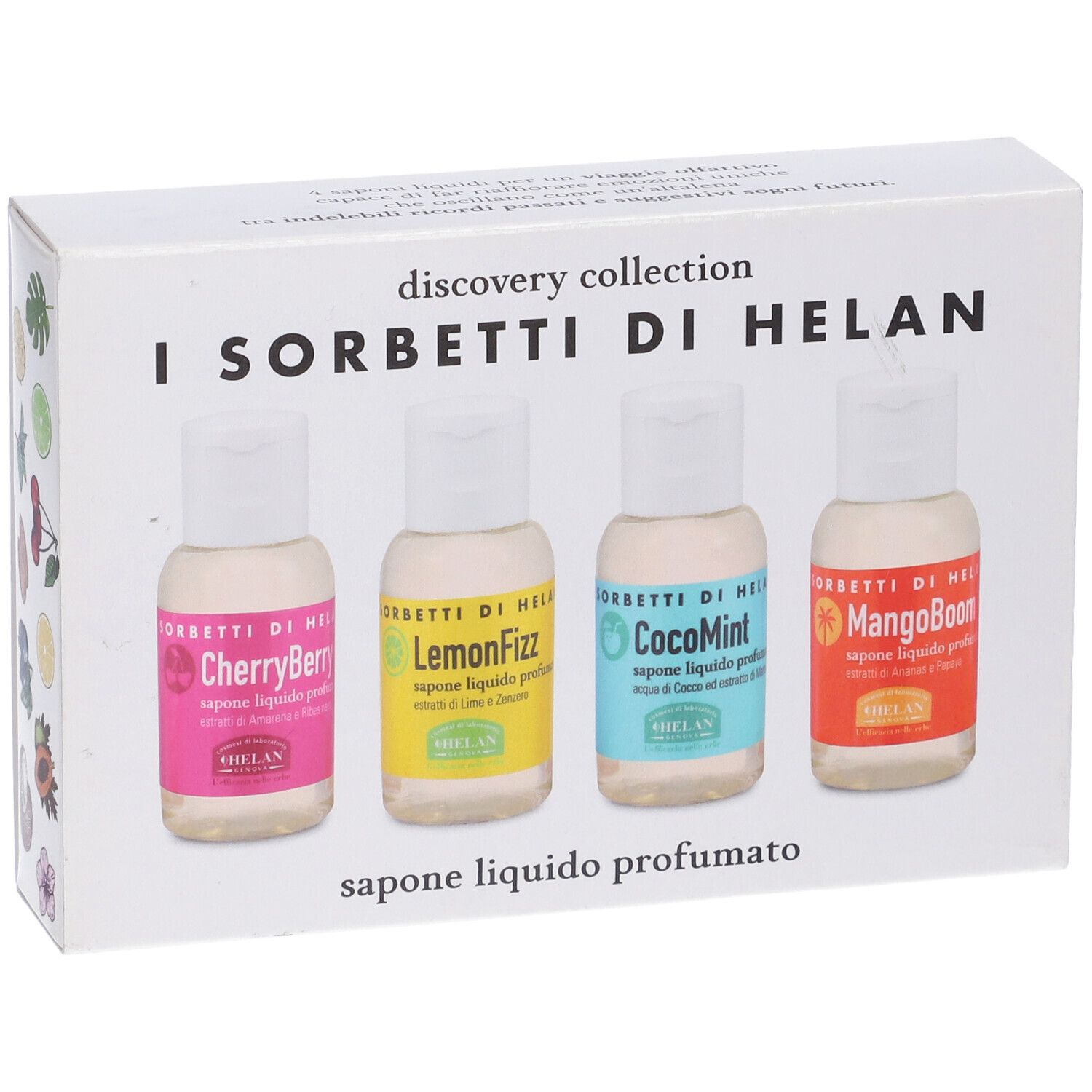 Scatola bianca con quattro flaconi di sapone liquido. Scritta: I Sorbetti Di Helan. Colori: rosa, giallo, blu, arancione. Con nome del prodotto.